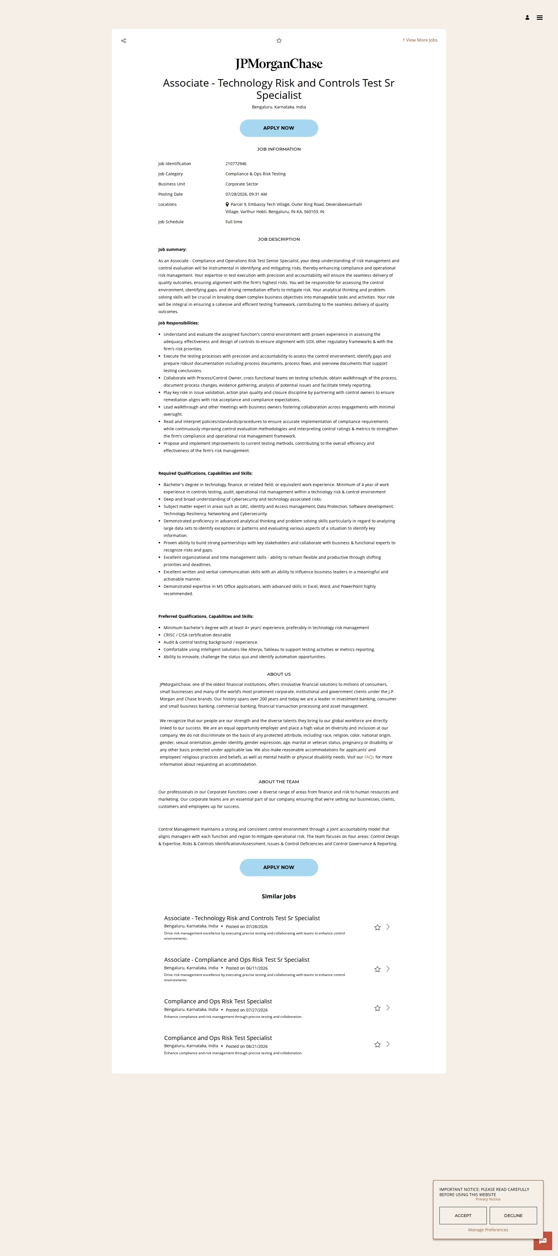JPMorganChase Associate - Technology Risk and Controls Test Sr Specialist 채용공고