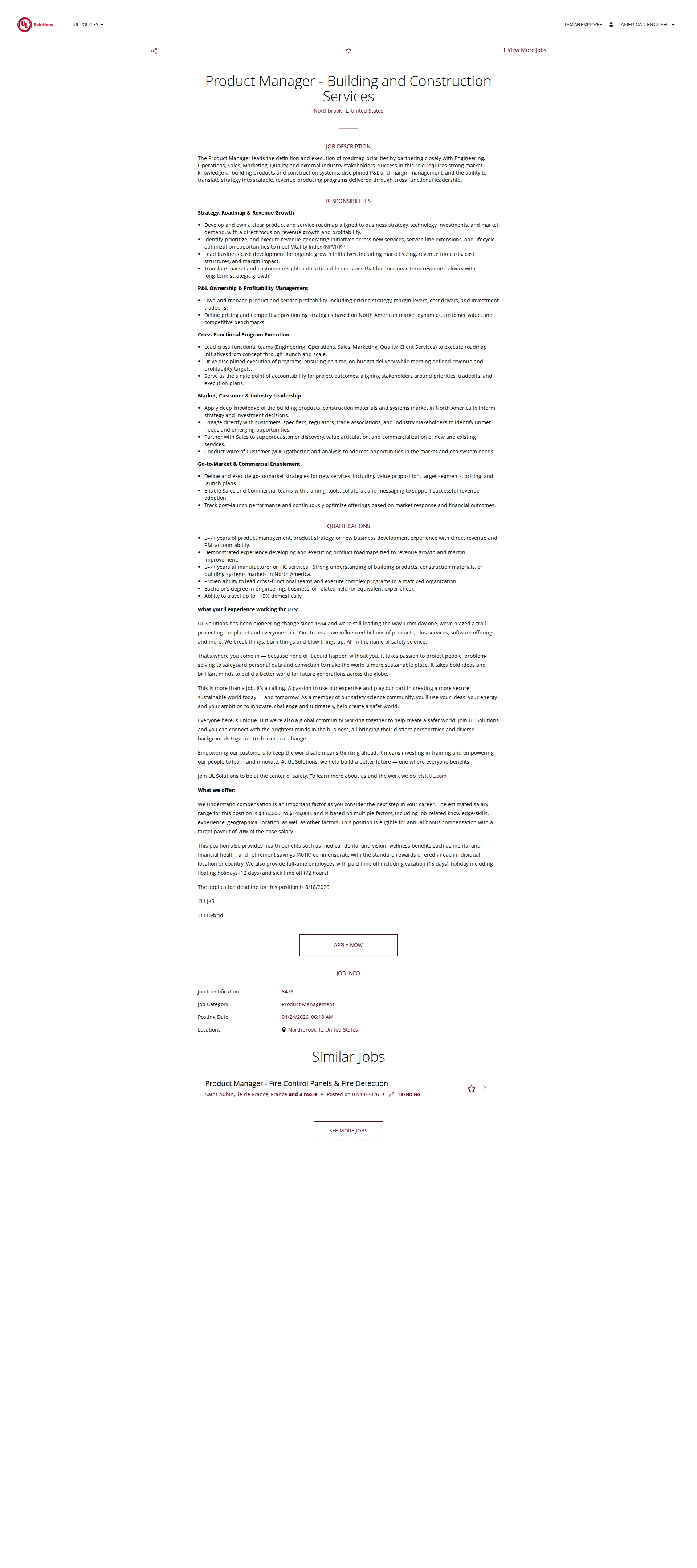 UL Solutions Product Manager - Building and Construction Services 채용공고