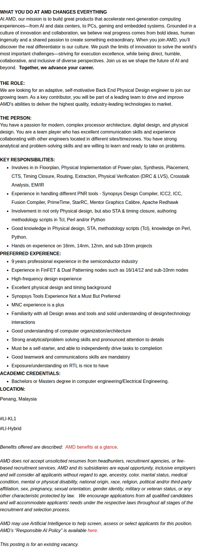 AMD Staff Silicon Design Engineer (Physical Design) 채용공고