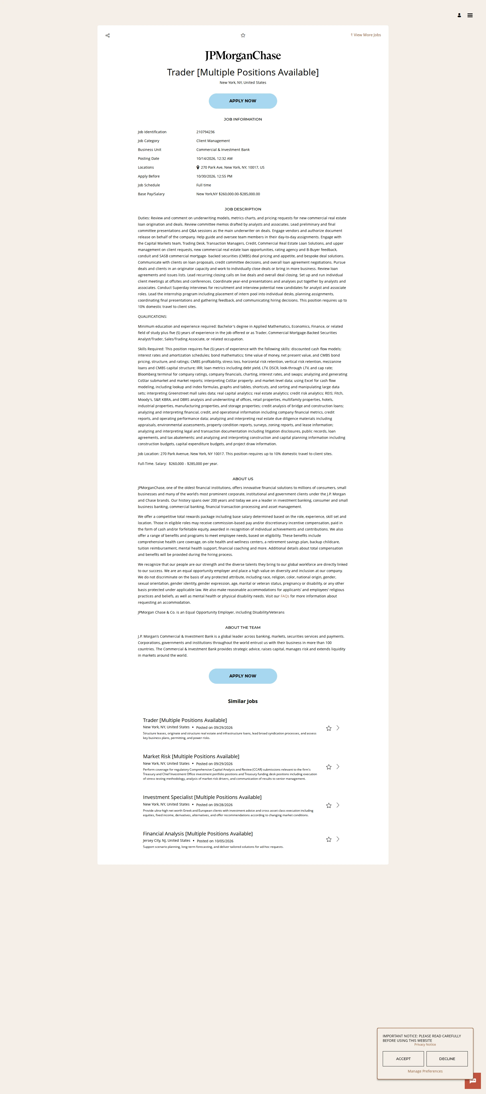 JPMorganChase Trader [Multiple Positions Available] 채용공고