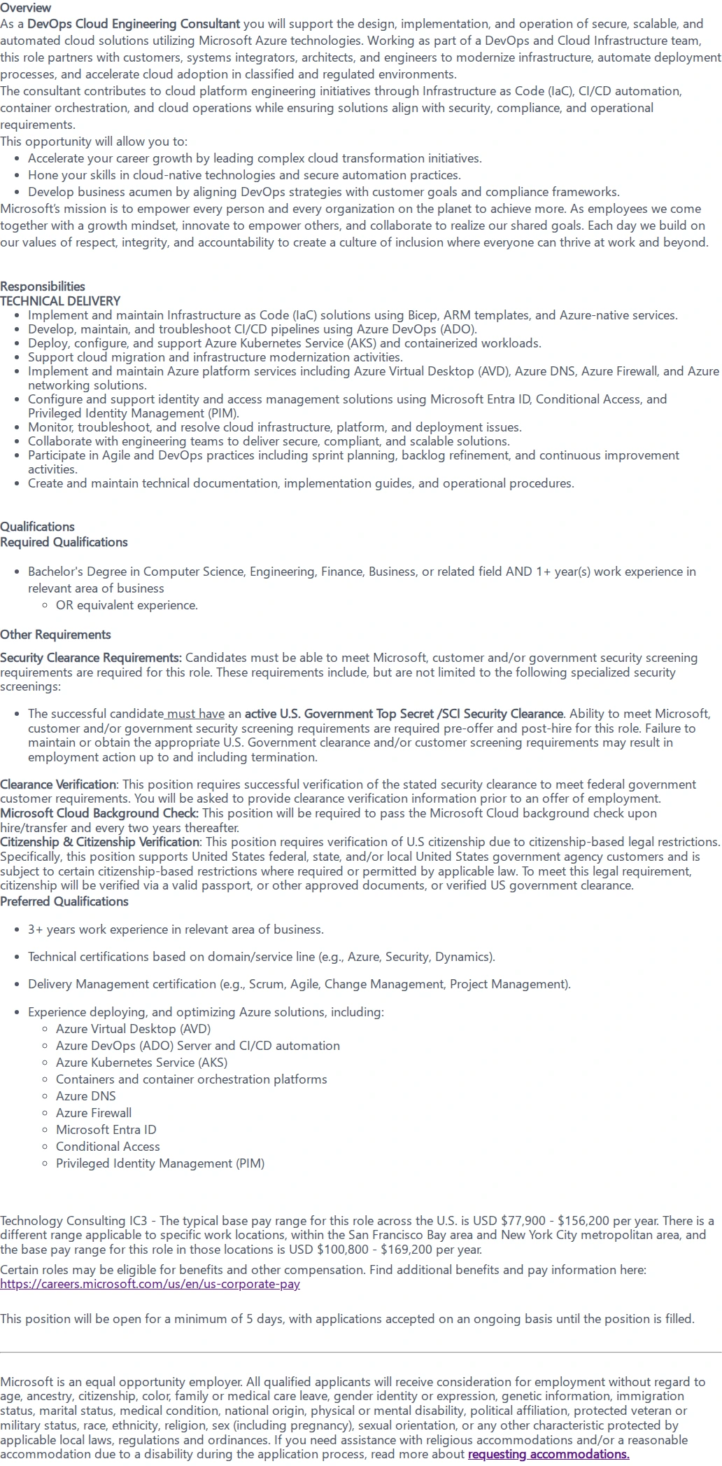 마이크로소프트(Microsoft) DevOps Cloud Engineering Consultant- CTJ- TS/SCI 채용공고