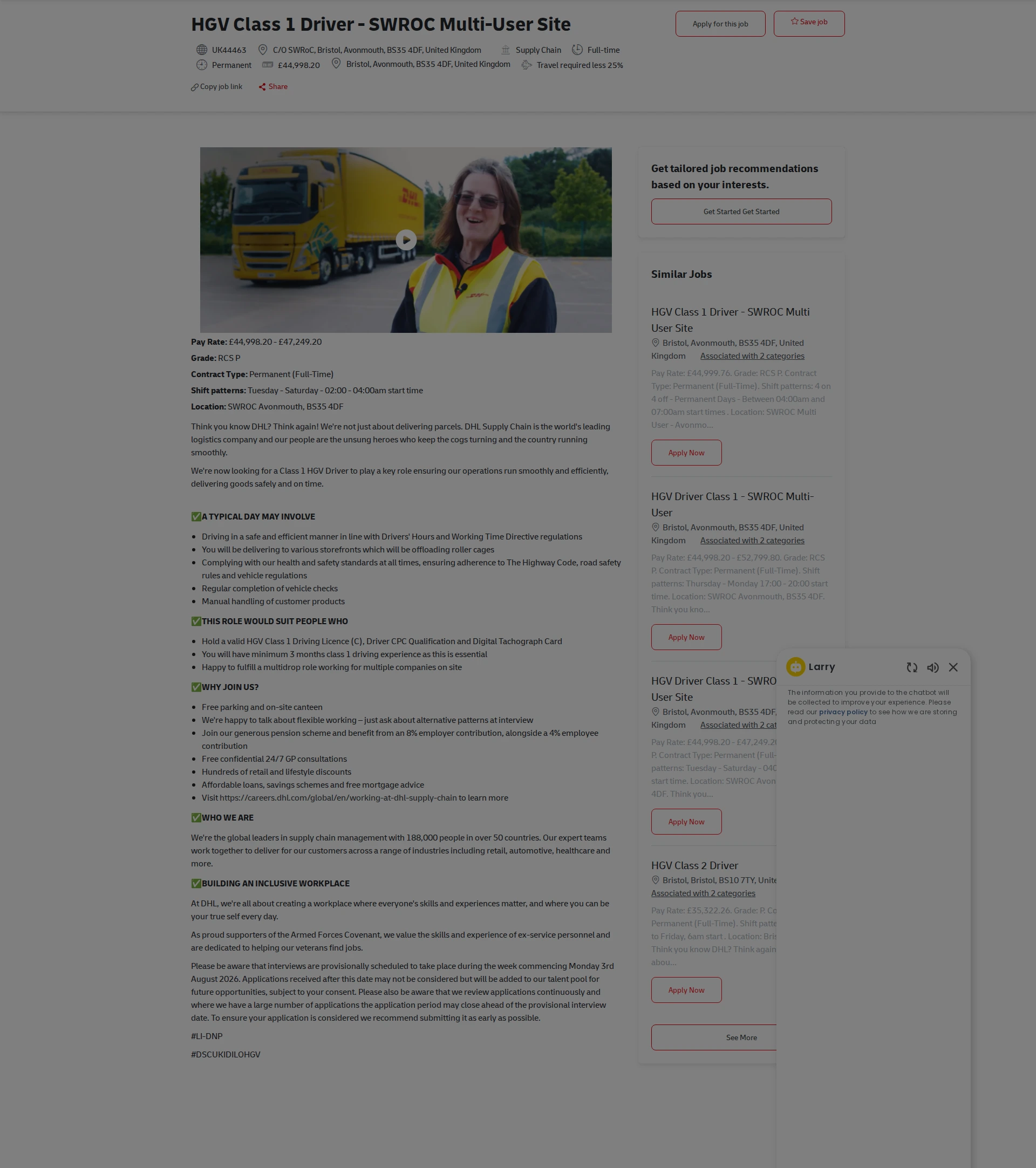 DHL HGV Class 1 Driver - SWROC Multi-User Site 채용공고