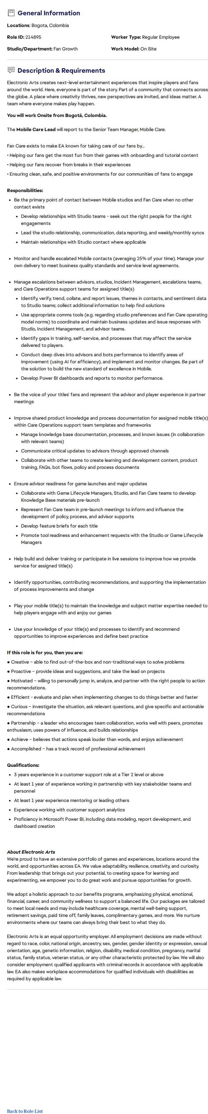 ElectronicArts Mobile Care Lead 채용공고