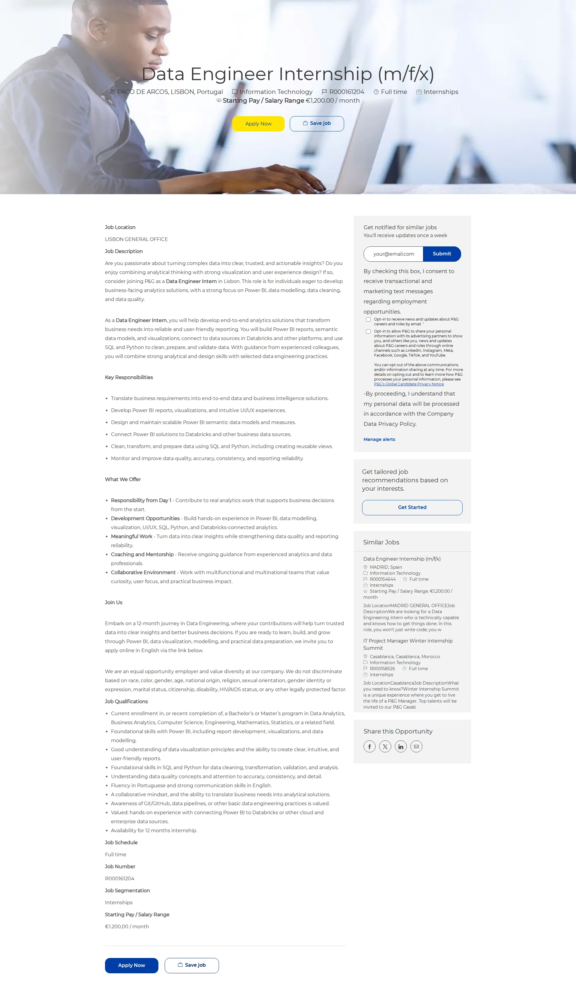 P&G Data Engineer Internship (m/f/x) 채용공고