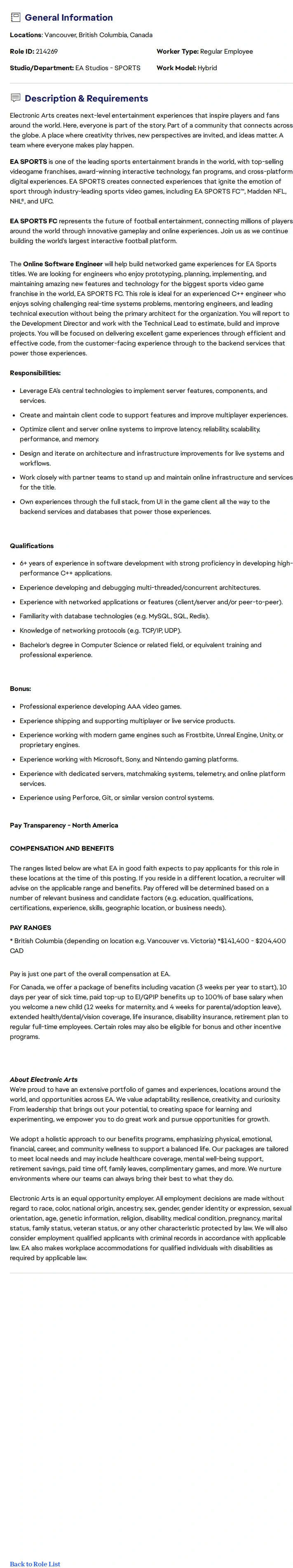 ElectronicArts Advanced Online Software Engineer – EA SPORTS FC 채용공고