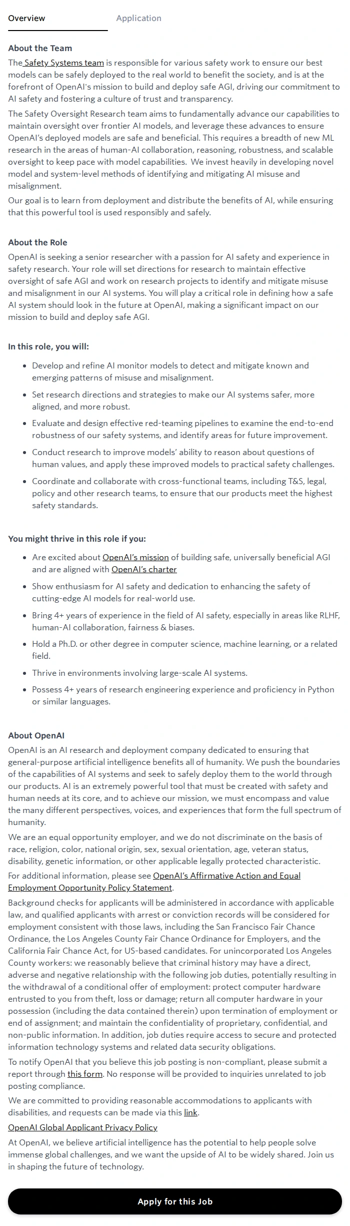 오픈에이아이(OpenAI) Researcher, Safety Oversight 채용공고