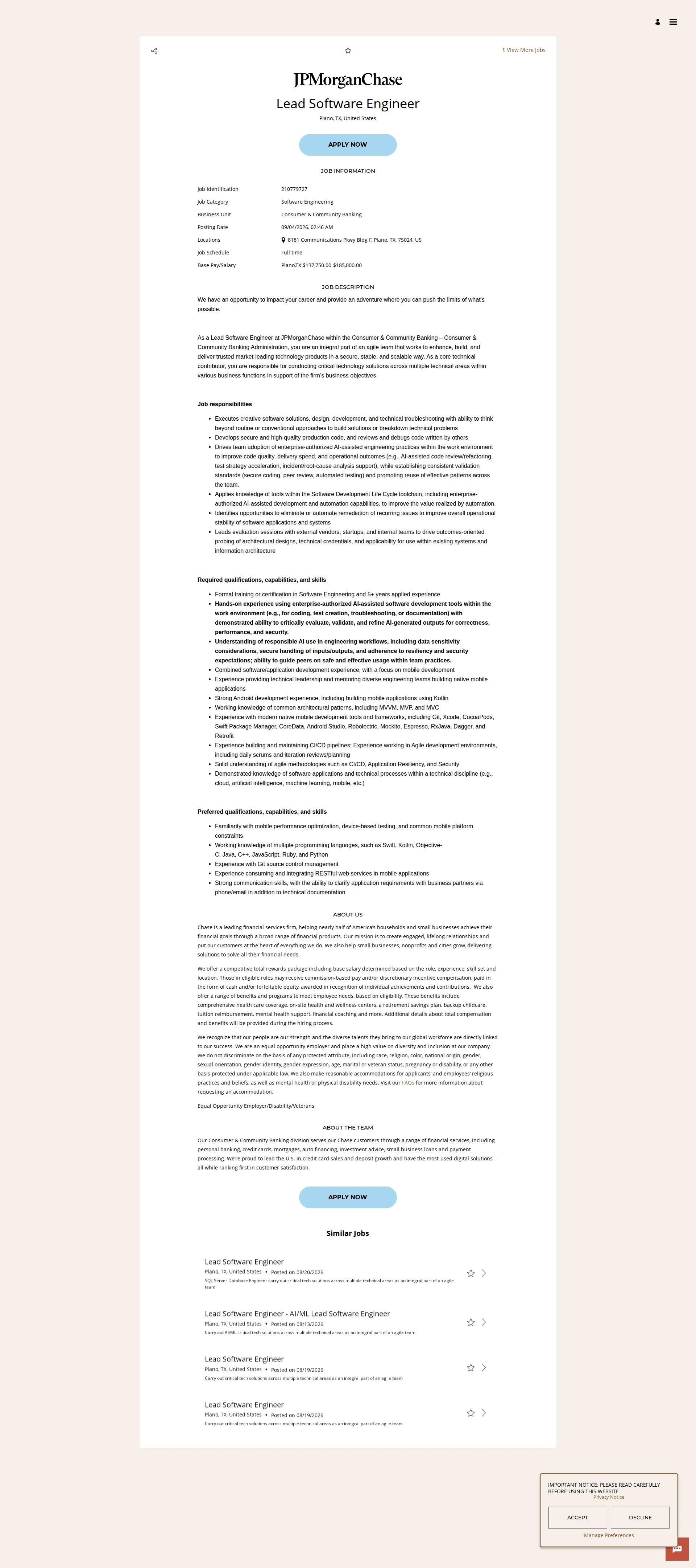 JPMorganChase Lead Software Engineer 채용공고