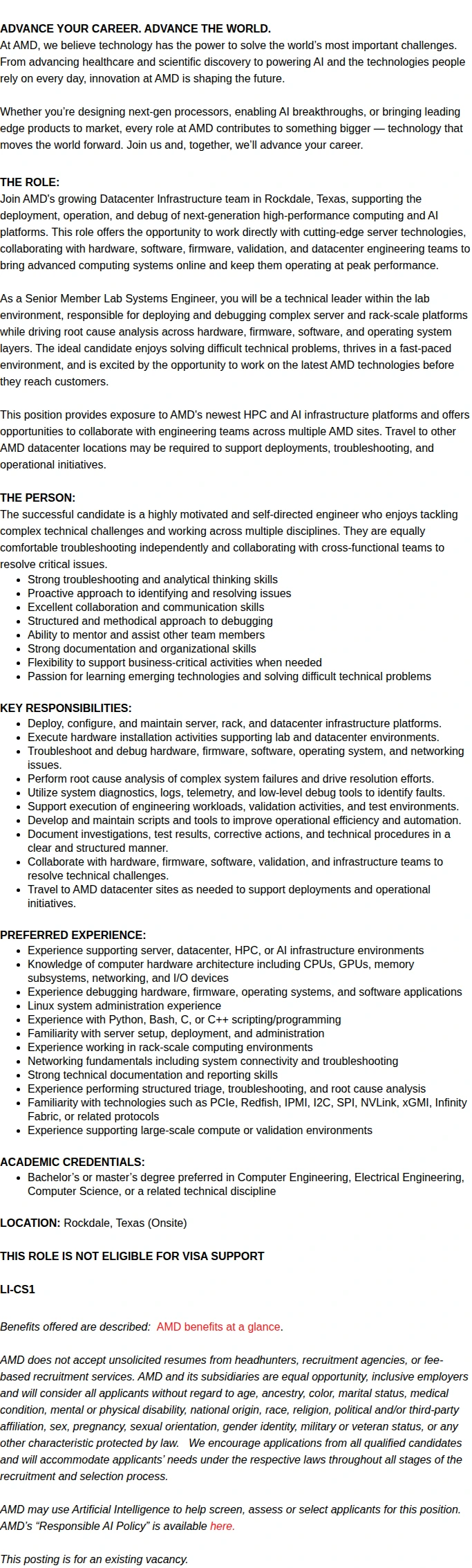 AMD Senior Lab Systems Engineer 채용공고