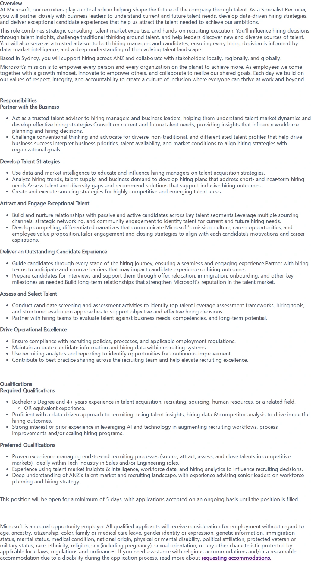 마이크로소프트(Microsoft) Specialist Recruiter, ANZ 채용공고