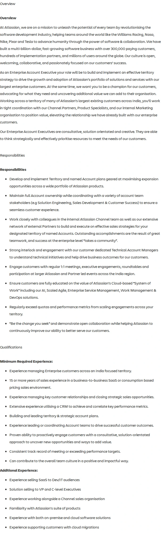 아틀라시안 Account Executive, Enterprise (India) 채용공고
