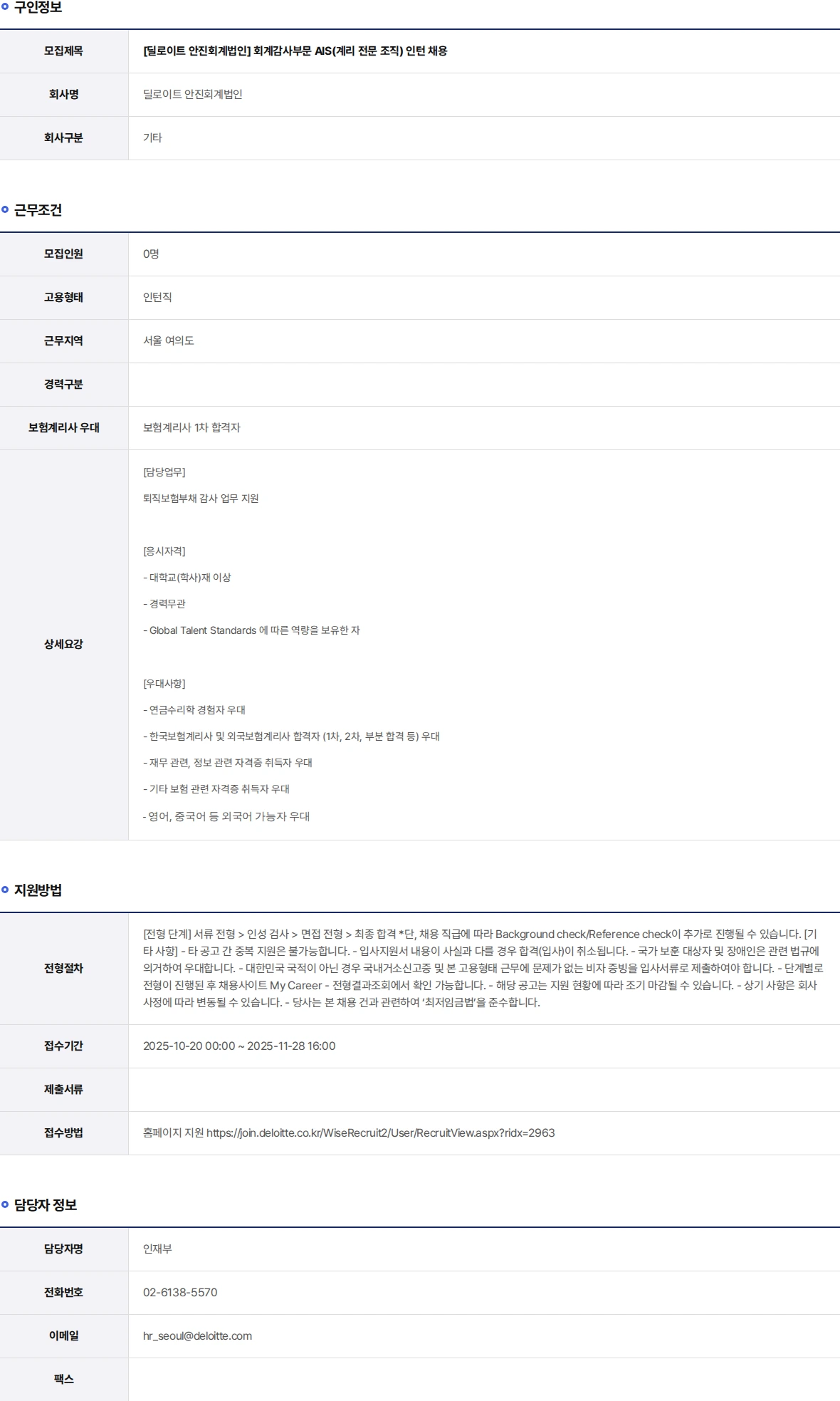 딜로이트안진 회계감사부문 AIS(계리 전문 조직) 인턴 채용 채용공고