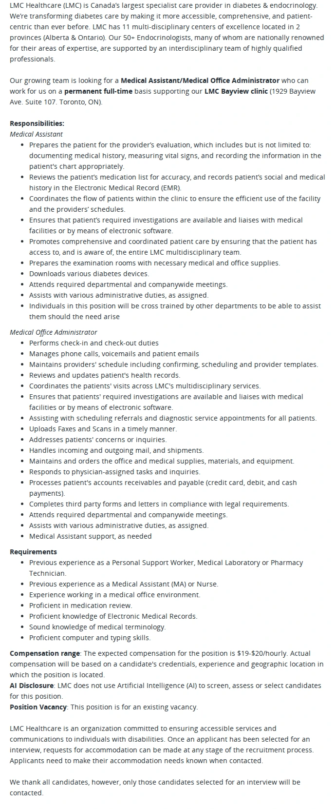 LMC Healthcare Medical Assistant/Medical Office Administrator 채용공고