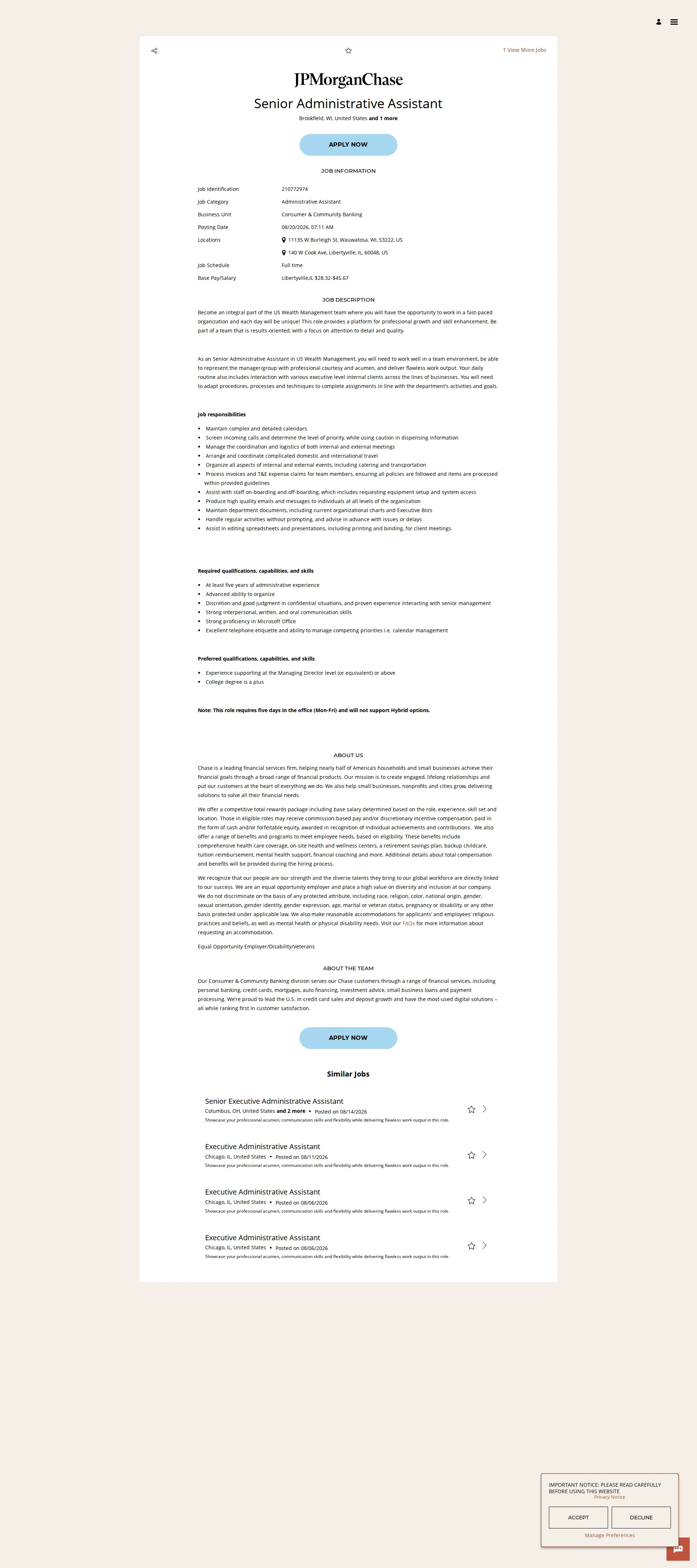 JPMorganChase Senior Administrative Assistant 채용공고