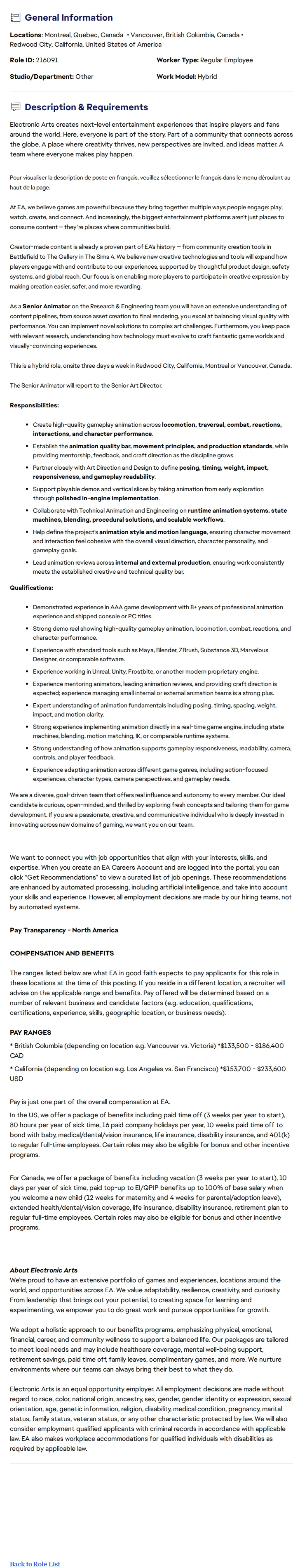 ElectronicArts Animateur.trice sénior.e / Senior Animator 채용공고