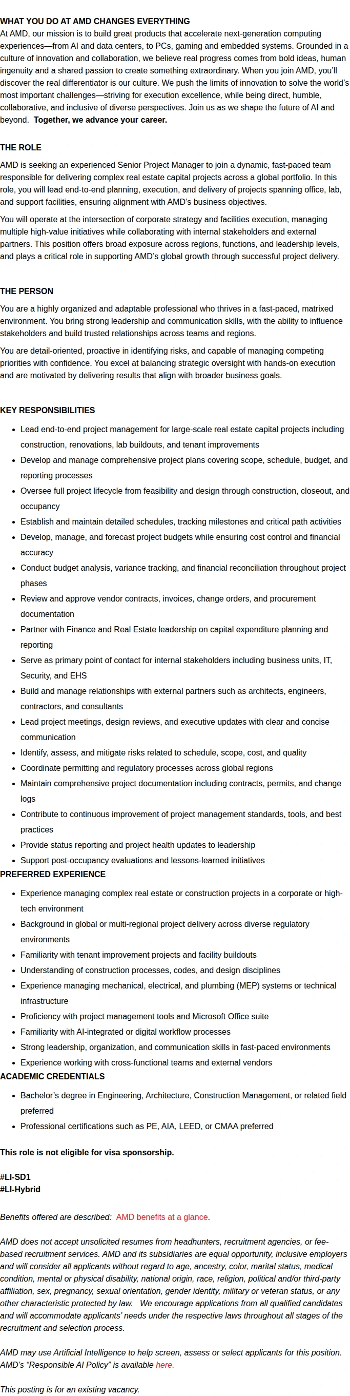 AMD Construction Project Senior Manager 채용공고