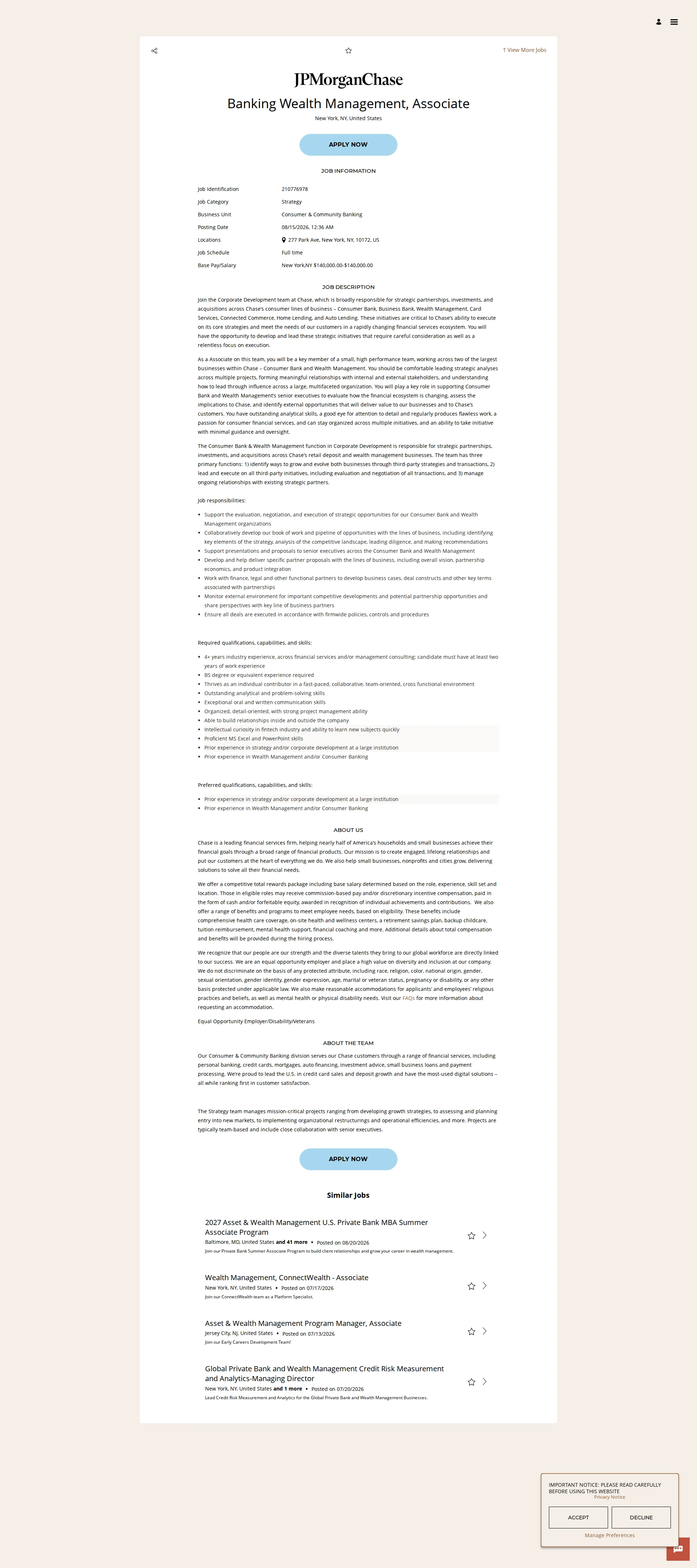 JPMorganChase Banking Wealth Management, Associate 채용공고