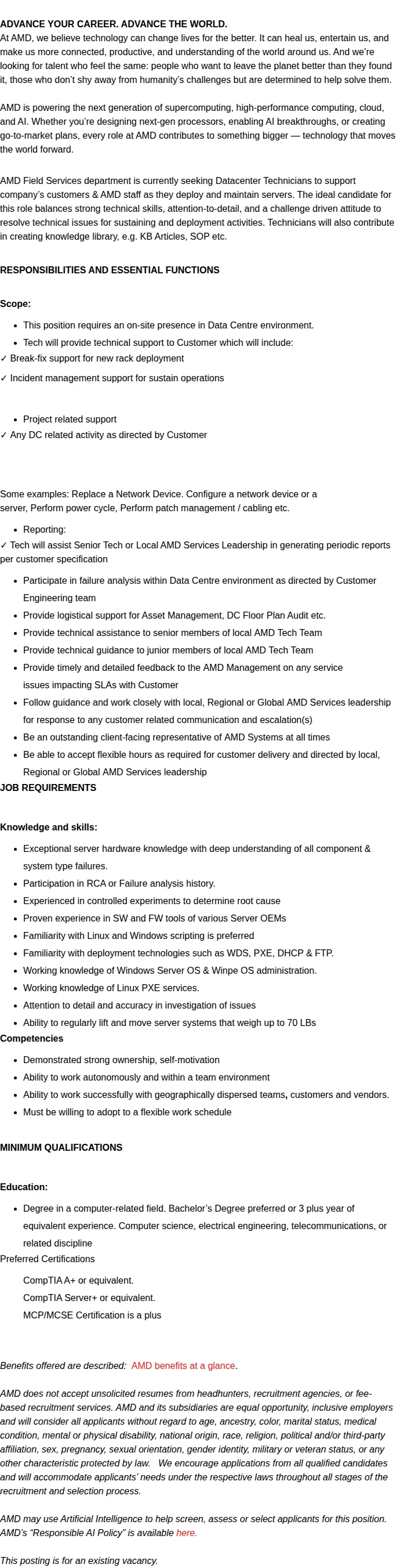 AMD Sr. Data Center Technician 채용공고