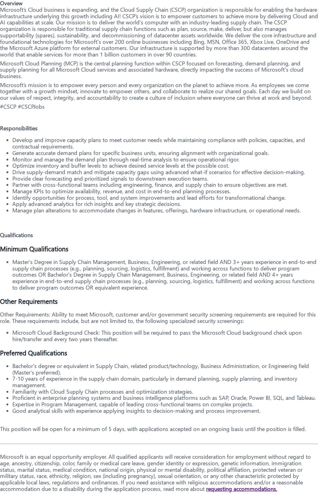 마이크로소프트(Microsoft) Supply Chain Program Manager 채용공고