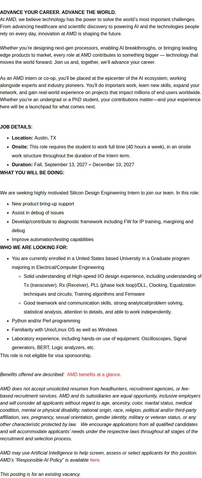 AMD Fall 2027 Masters Silicon Design Intern 채용공고
