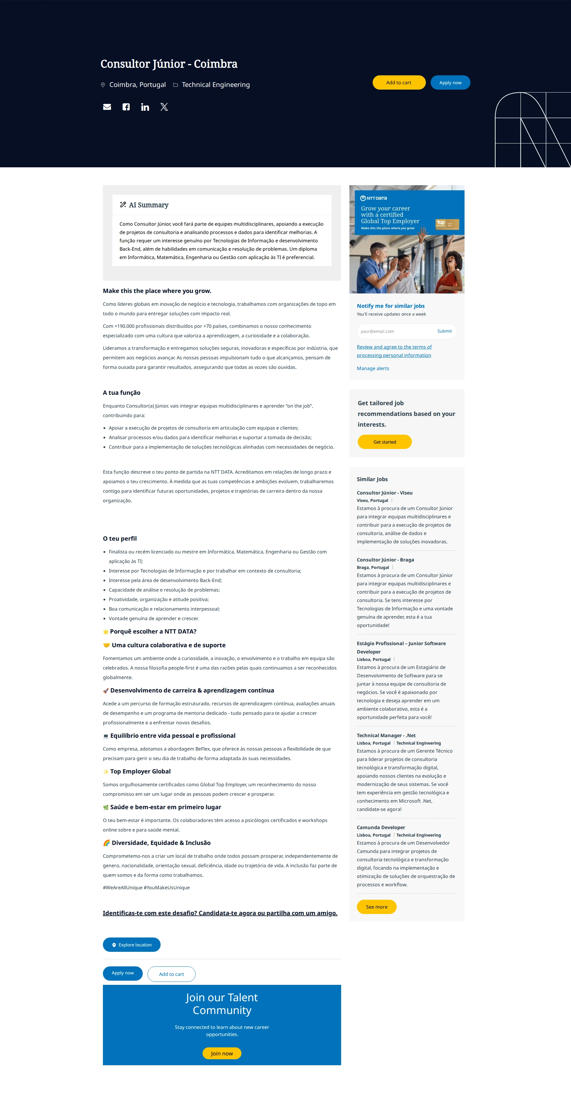 NTT데이터 Consultor Júnior - Coimbra 채용공고