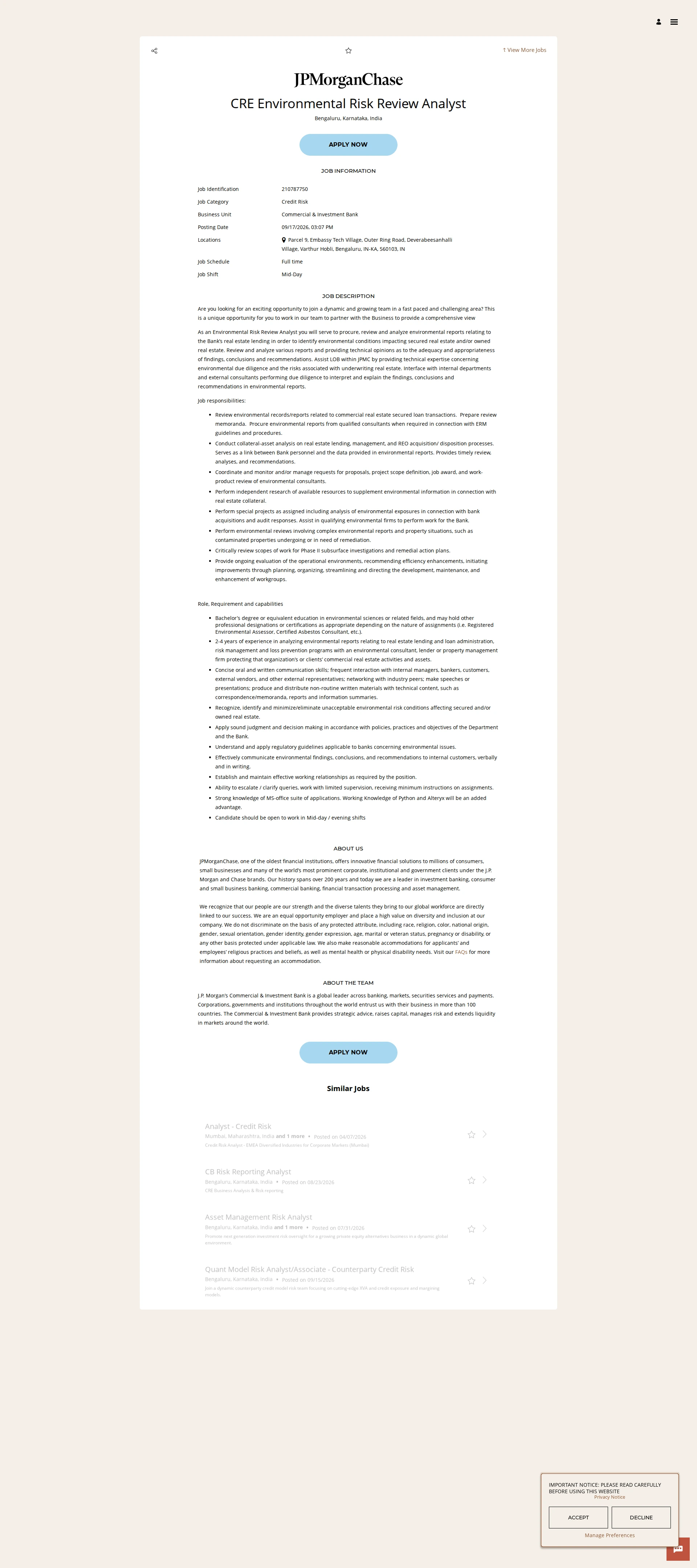 JPMorganChase CRE Environmental Risk Review Analyst 채용공고