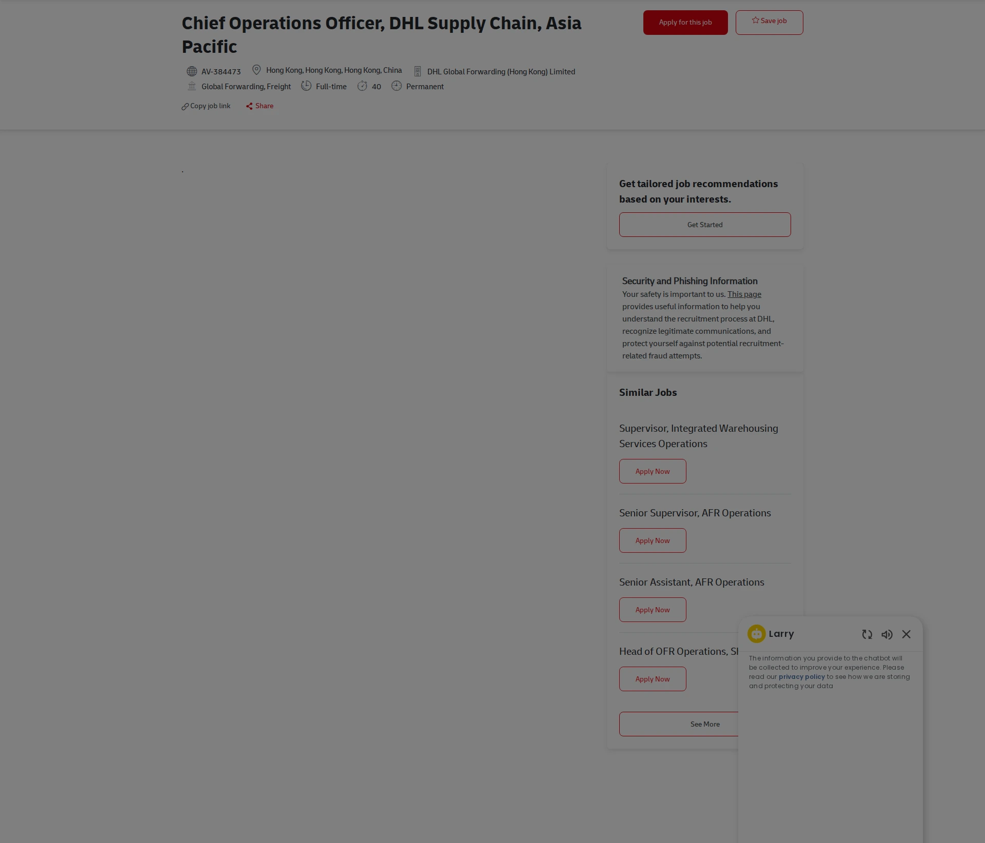DHL Chief Operations Officer, DHL Supply Chain, Asia Pacific 채용공고