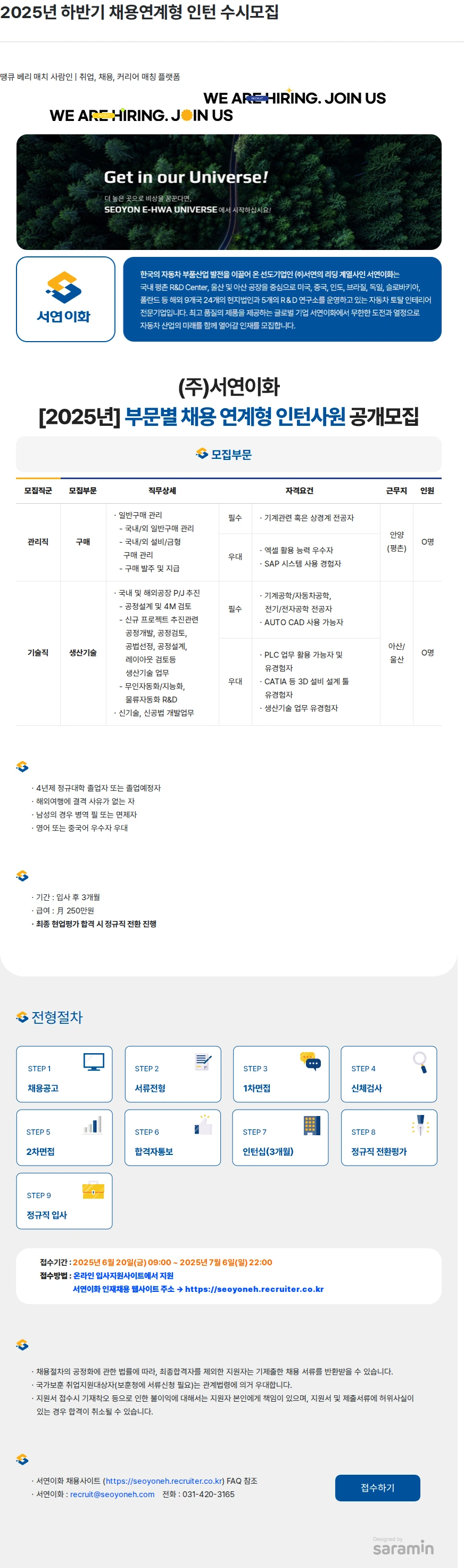 서연이화 2025년 하반기 채용연계형 인턴 수시모집 채용공고