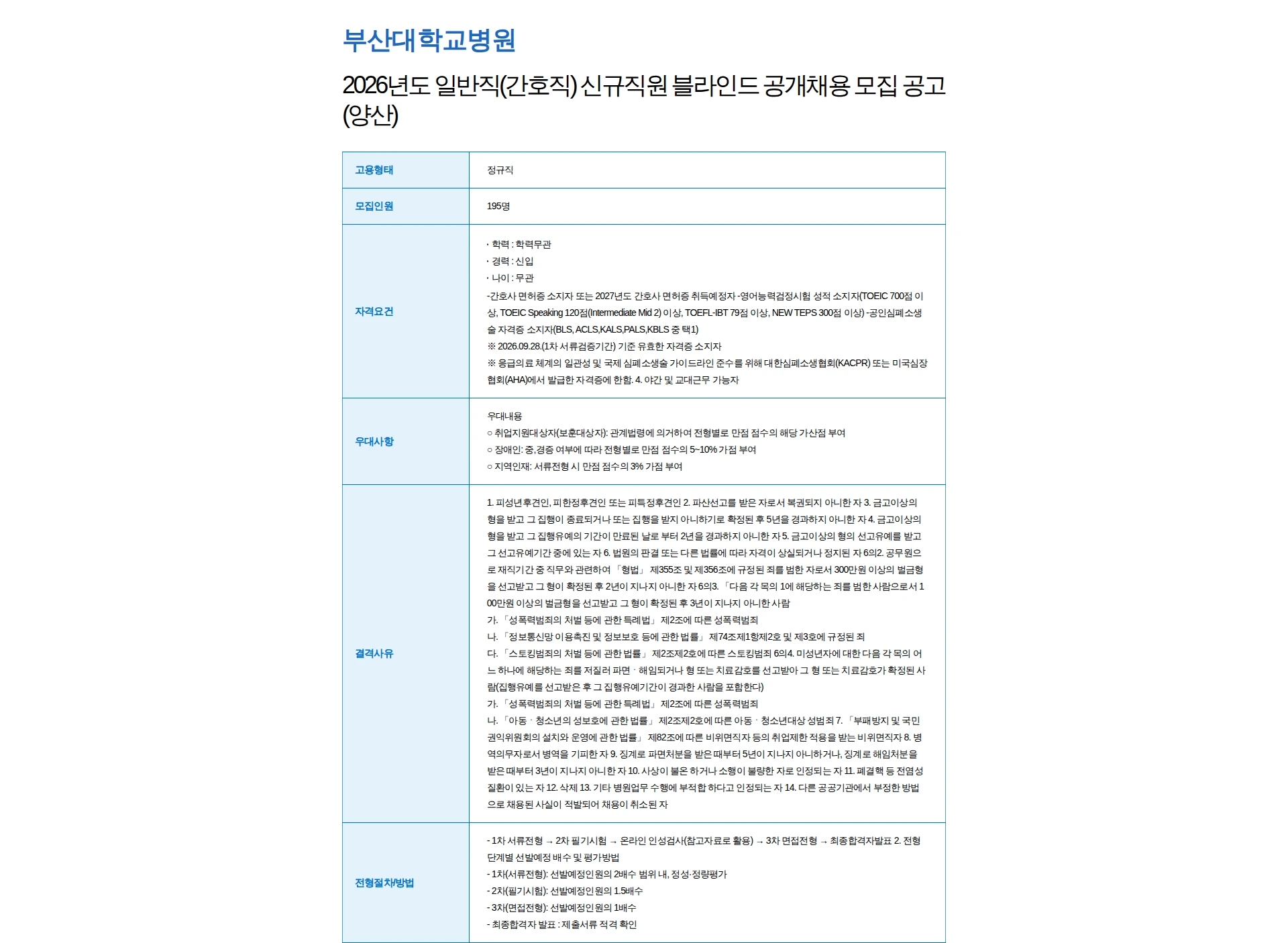 부산대학교병원 2026년도 일반직(간호직) 신규직원 블라인드 공개채용 모집 공고(양산) 채용공고