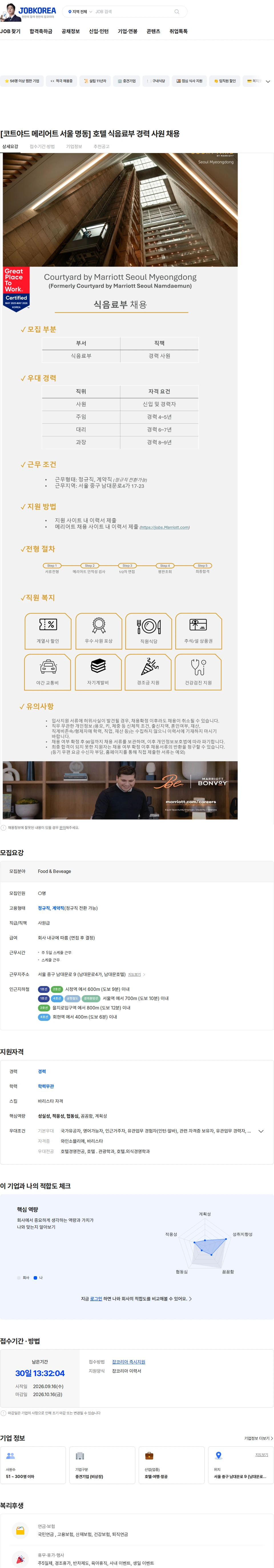 티시스호텔 [코트야드 메리어트 서울 명동] 호텔 식음료부 경력 사원 채용 채용공고