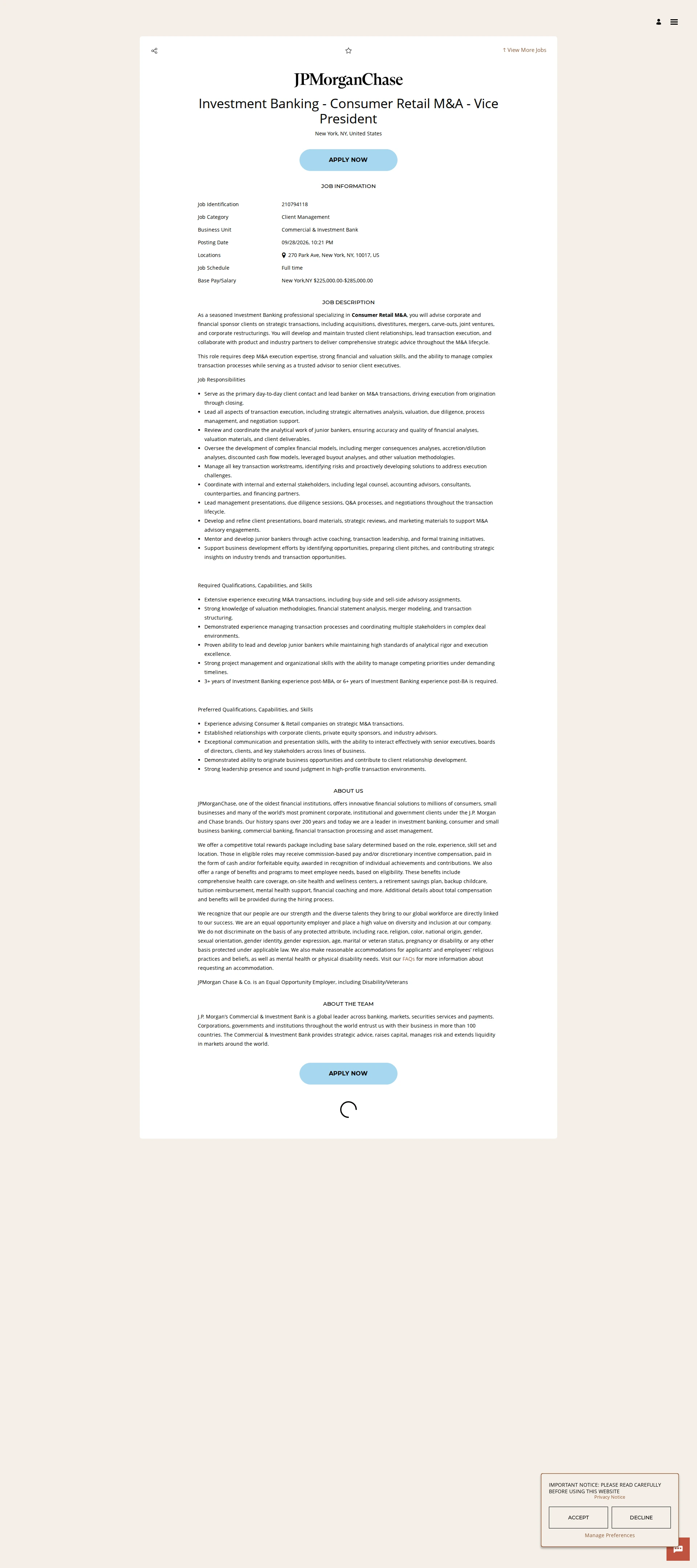 JPMorganChase Investment Banking - Consumer Retail M&A - Vice President 채용공고