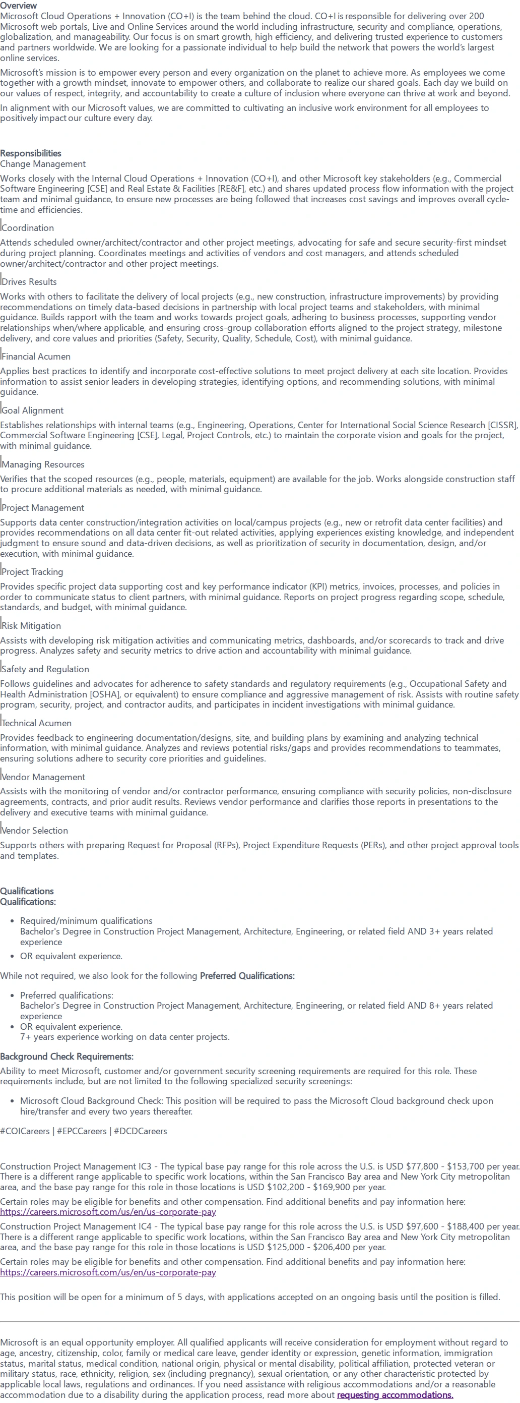 마이크로소프트(Microsoft) Construction Project Engineer 채용공고
