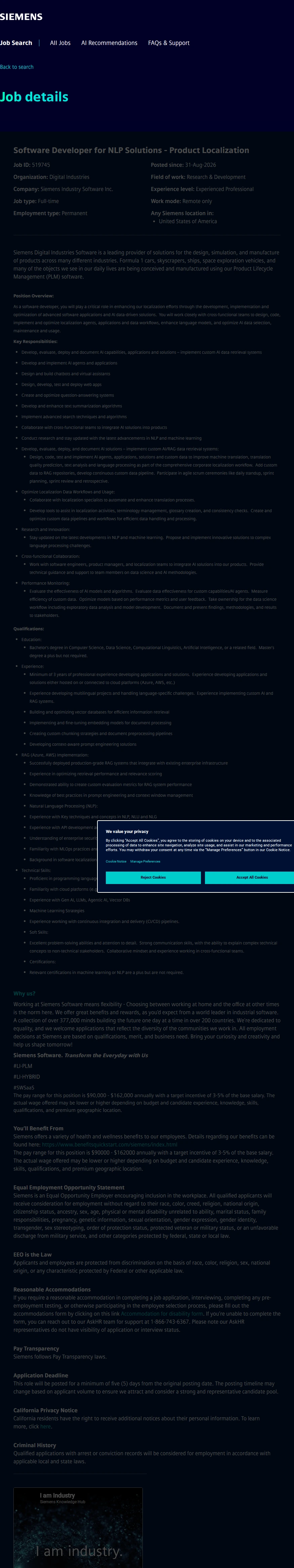 지멘스 Software Developer for NLP Solutions - Product Localization 채용공고