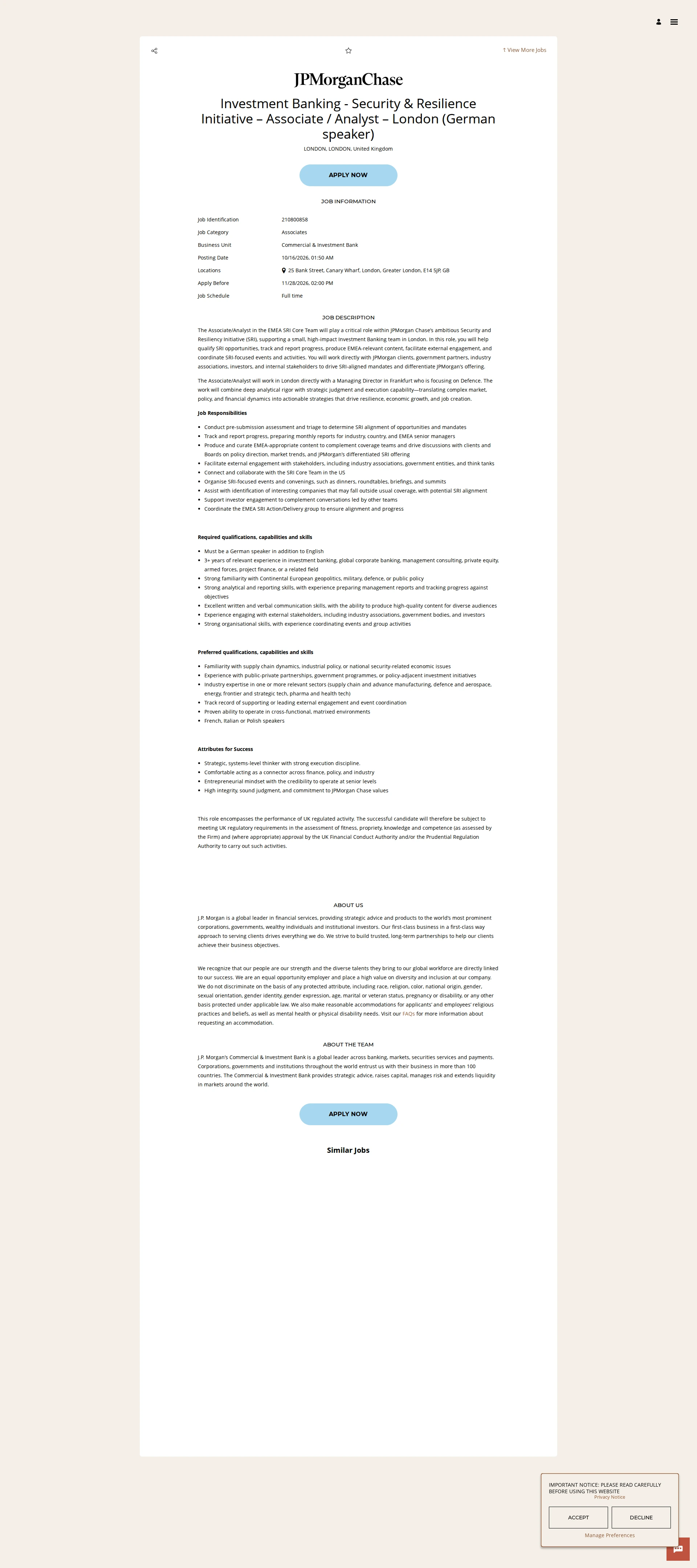 JPMorganChase Investment Banking - Security & Resilience Initiative – Associate / Analyst – London (German speaker) 채용공고