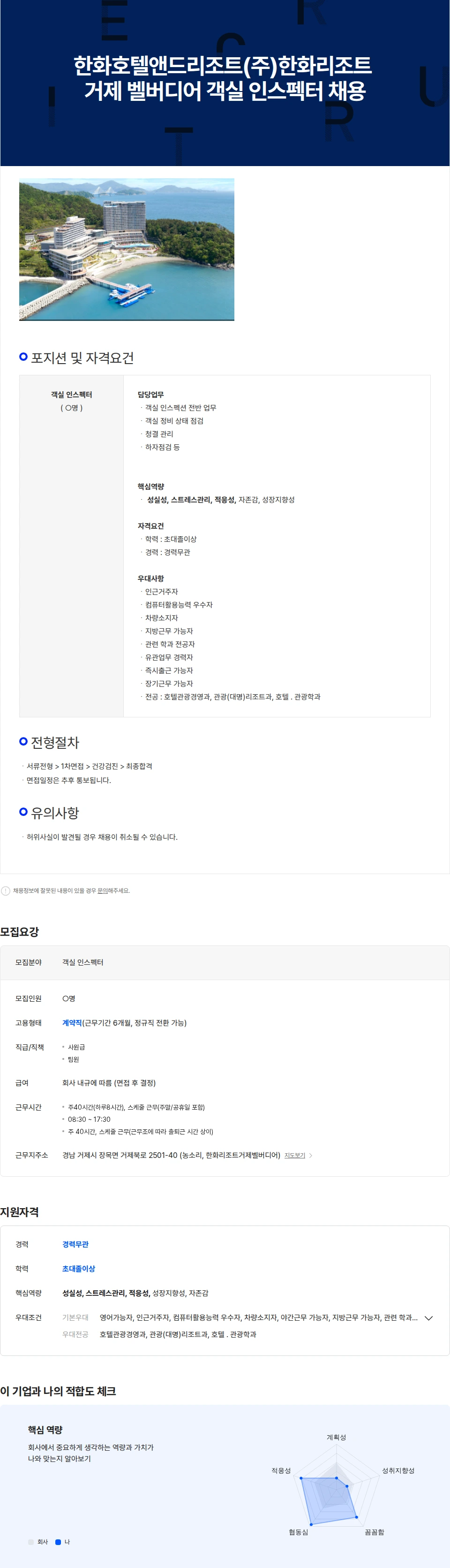한화호텔앤드리조트 한화호텔앤드리조트(주)한화리조트 거제 벨버디어 객실 인스펙터 채용 채용공고