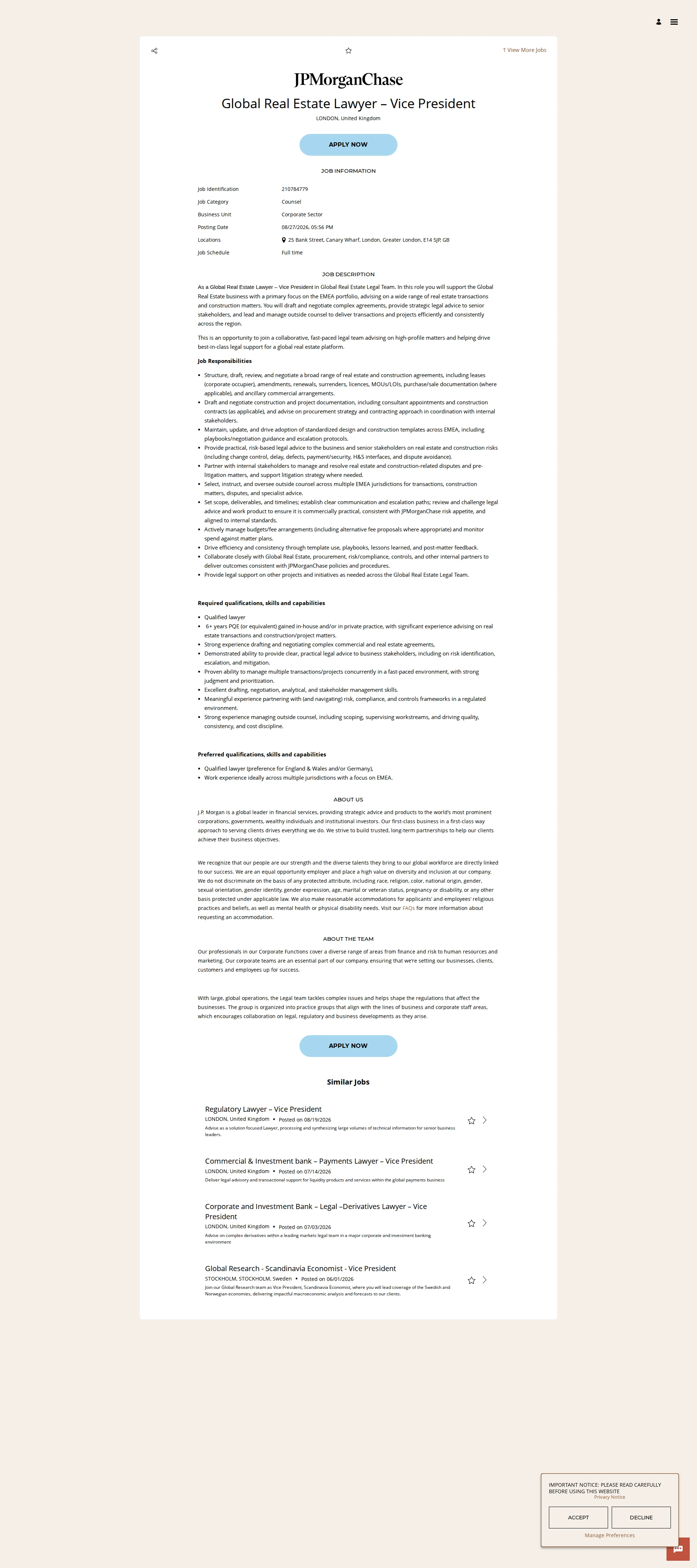 JPMorganChase Global Real Estate Lawyer – Vice President 채용공고