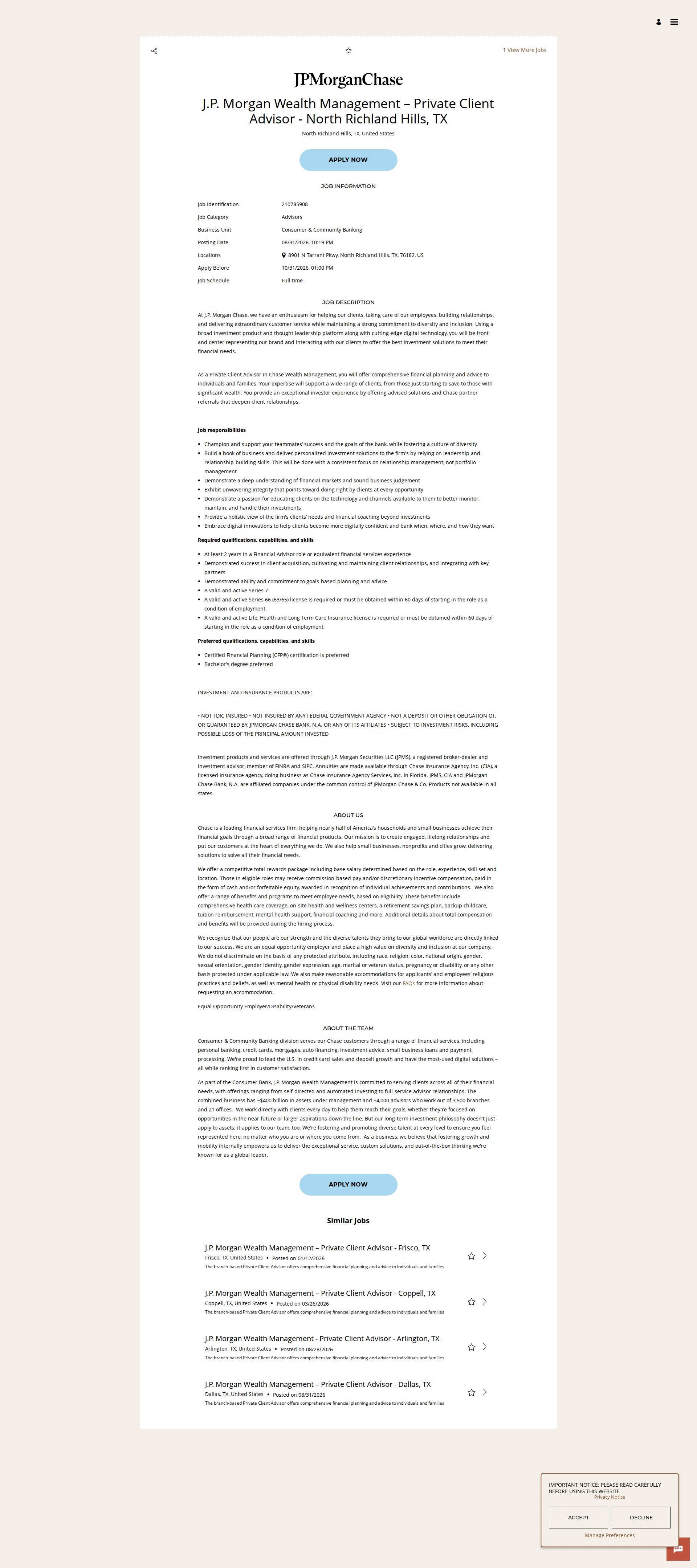 JPMorganChase J.P. Morgan Wealth Management – Private Client Advisor - North Richland Hills, TX 채용공고
