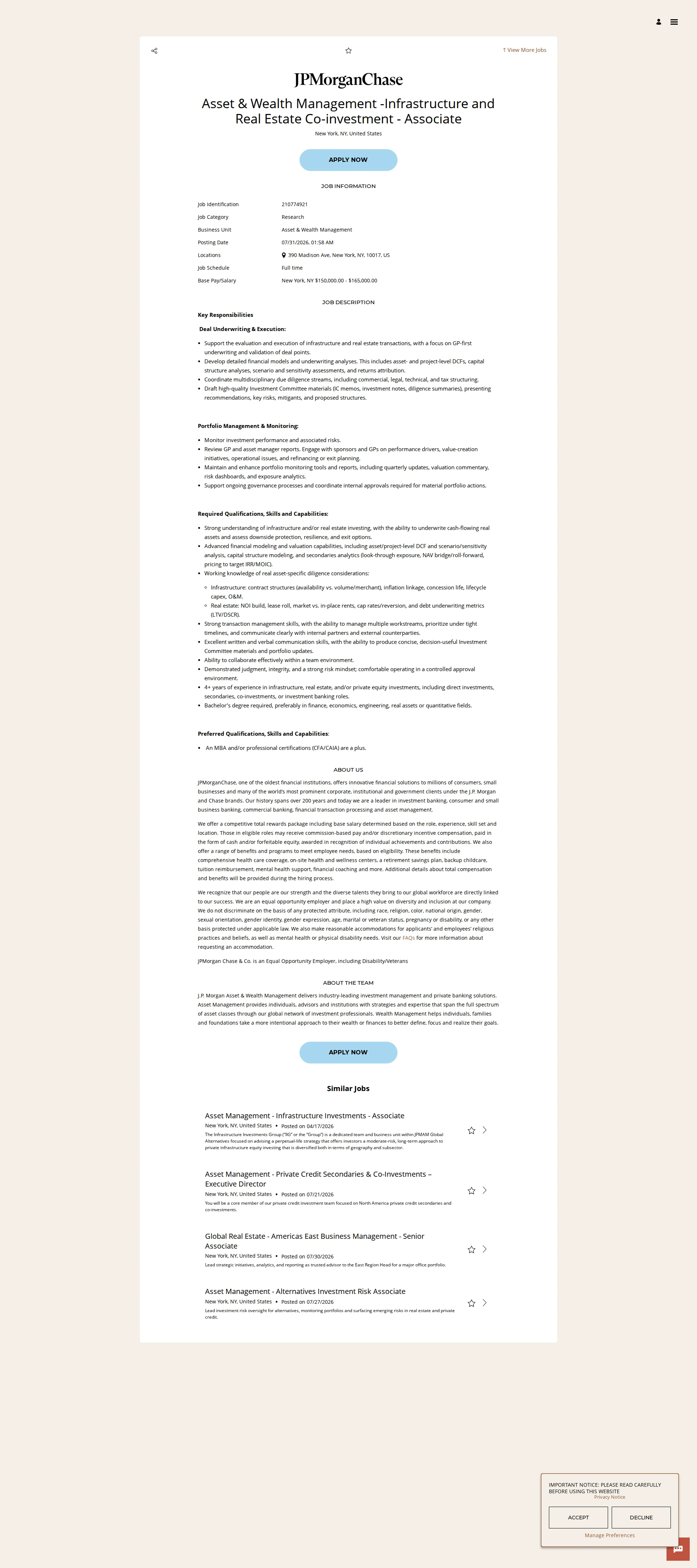 JPMorganChase Asset & Wealth Management -Infrastructure and Real Estate Co-investment - Associate 채용공고