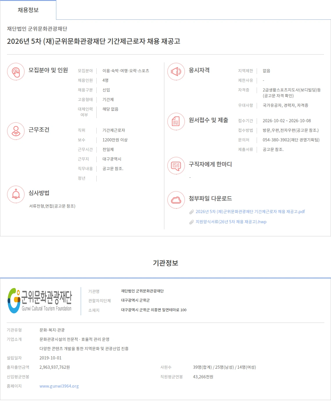 군위문화관광재단 2026년 5차 (재)군위문화관광재단 기간제근로자 채용 재공고 채용공고