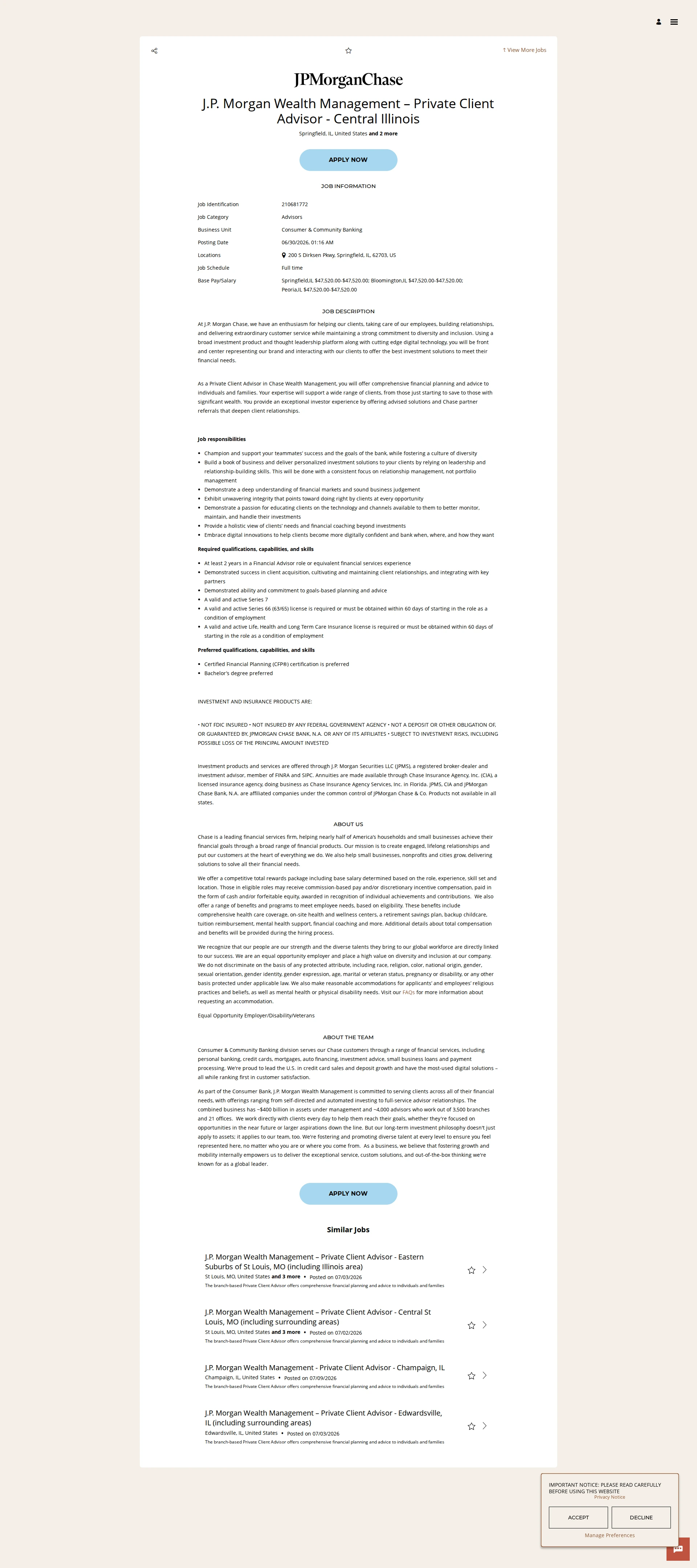 JPMorganChase J.P. Morgan Wealth Management – Private Client Advisor - Central Illinois 채용공고