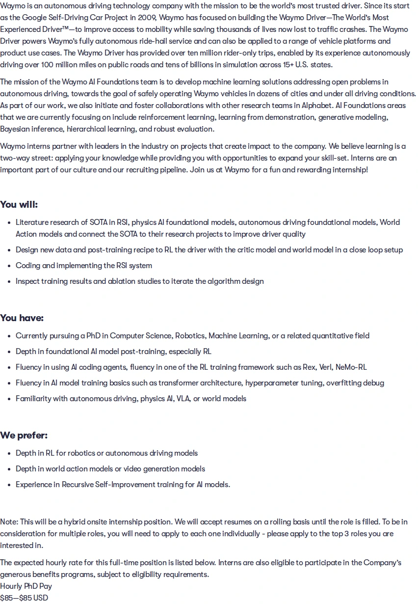 웨이모 2027 Summer Intern, PhD, Research, RSI for Autonomous Driving 채용공고