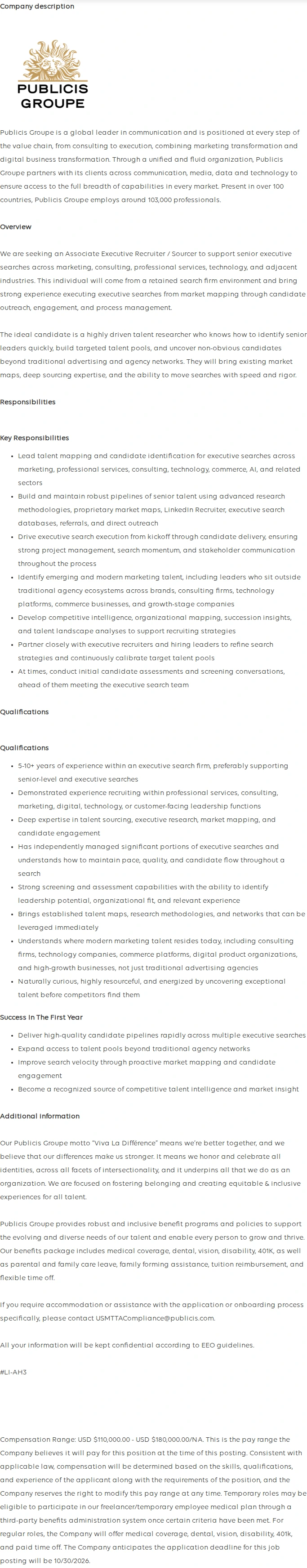 Publicis Groupe Executive Search Sourcer / Researcher / Associate Recruiter 채용공고