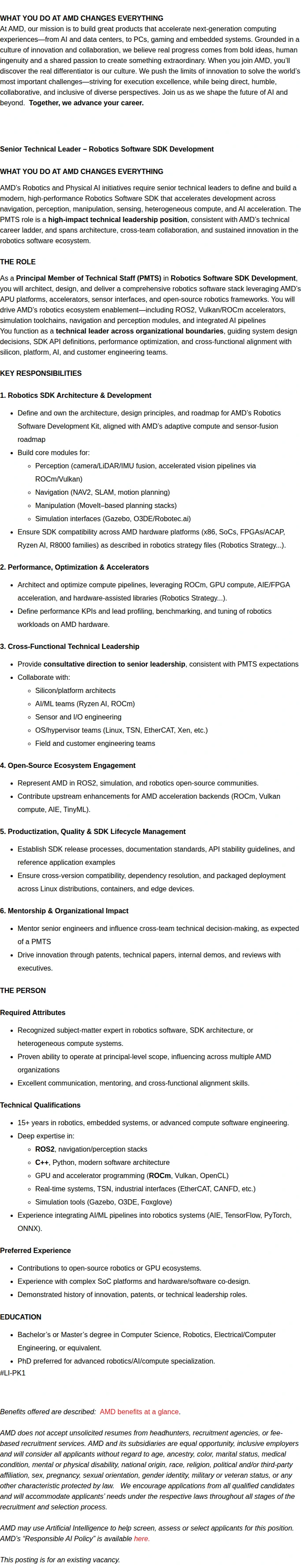 AMD Senior Technical Leader – Robotics Software SDK Development 채용공고