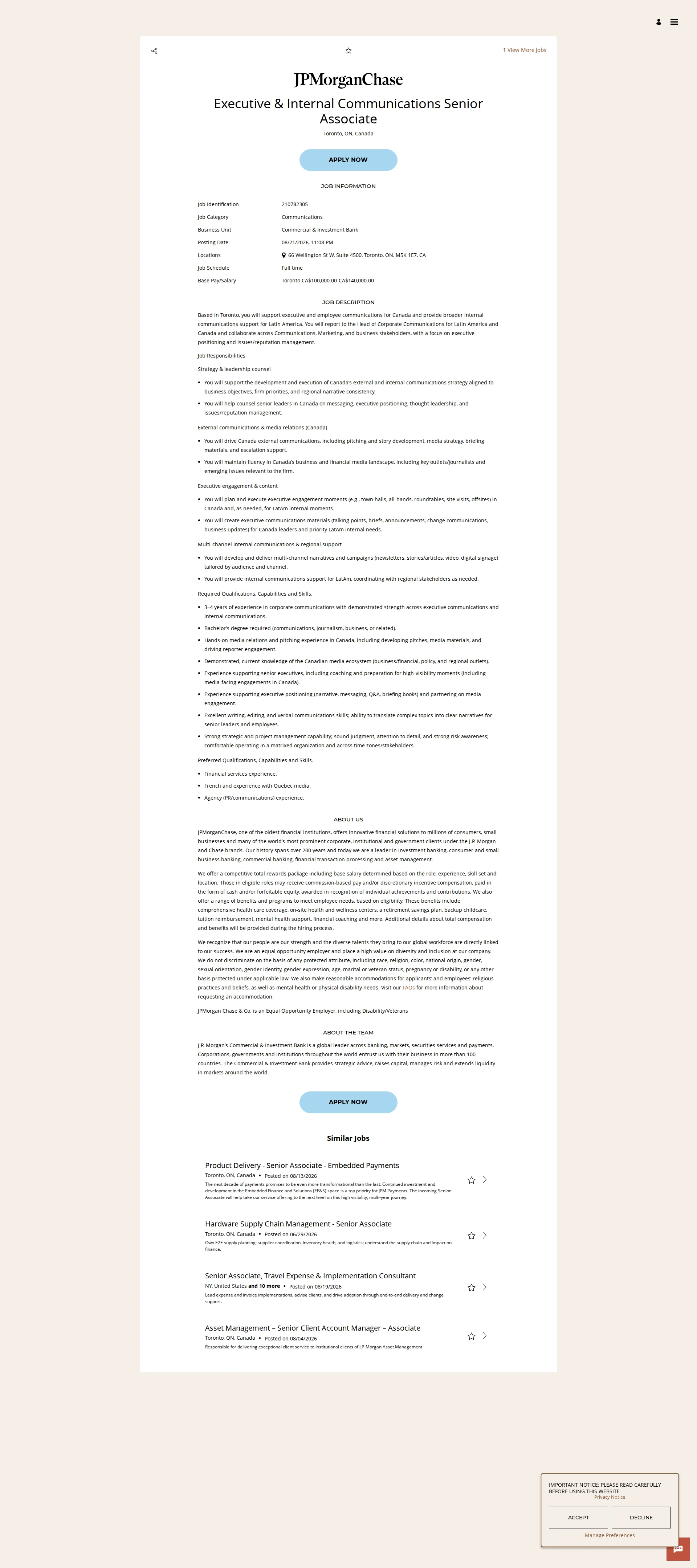 JPMorganChase Executive & Internal Communications Senior Associate 채용공고