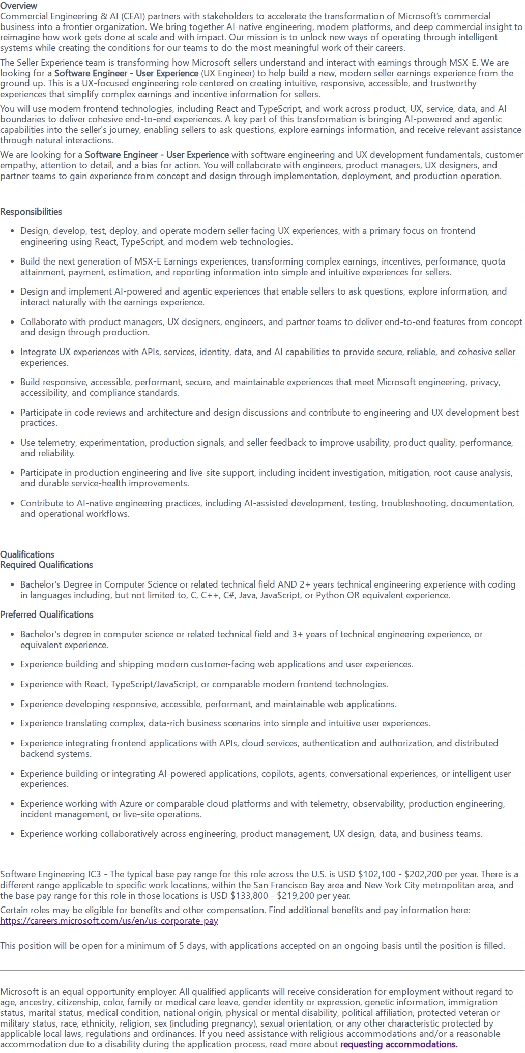 마이크로소프트(Microsoft) Software Engineer - User Experience 채용공고