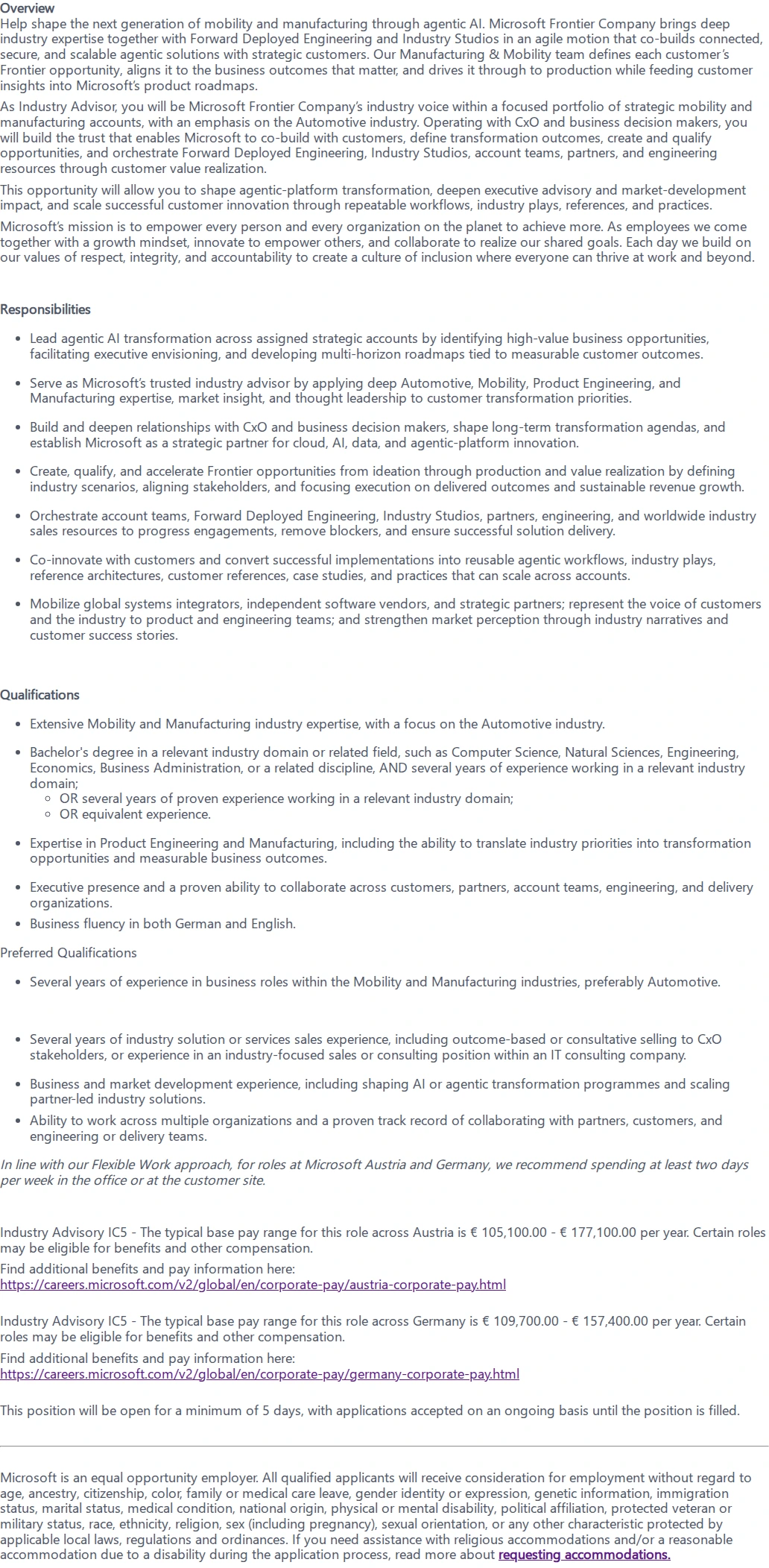 마이크로소프트(Microsoft) Senior Industry Advisor - Manufacturing & Mobility 채용공고