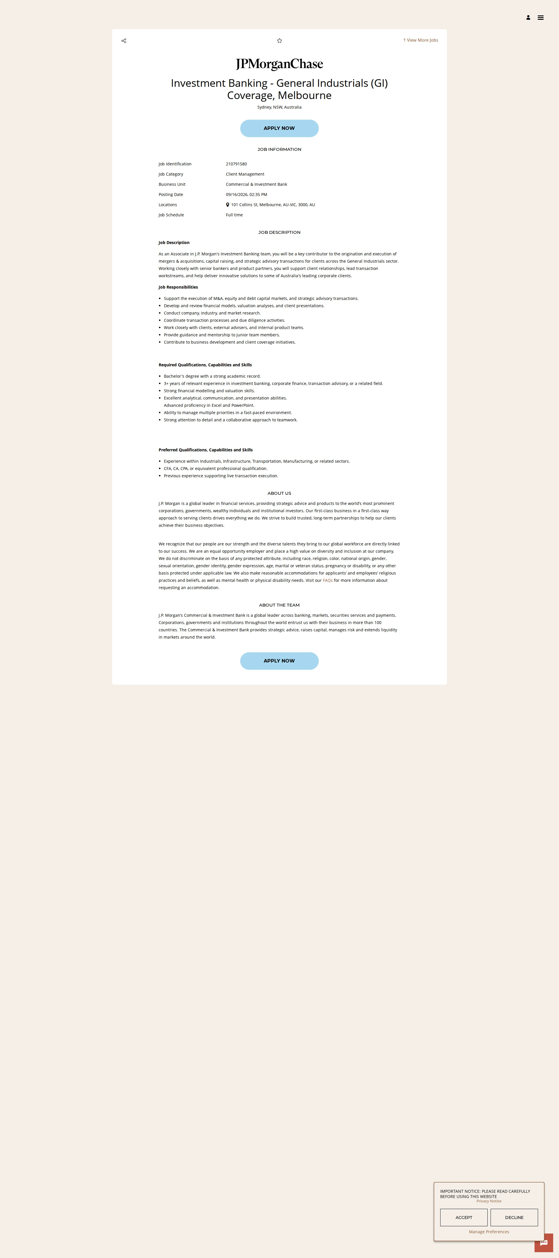 JPMorganChase Investment Banking - General Industrials (GI) Coverage, Melbourne 채용공고