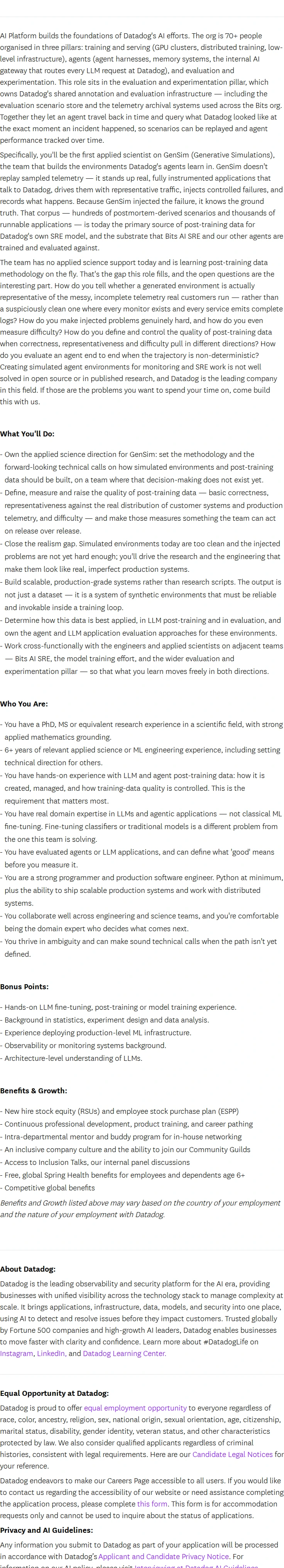데이터독 Senior Applied Scientist - AI Platform 채용공고
