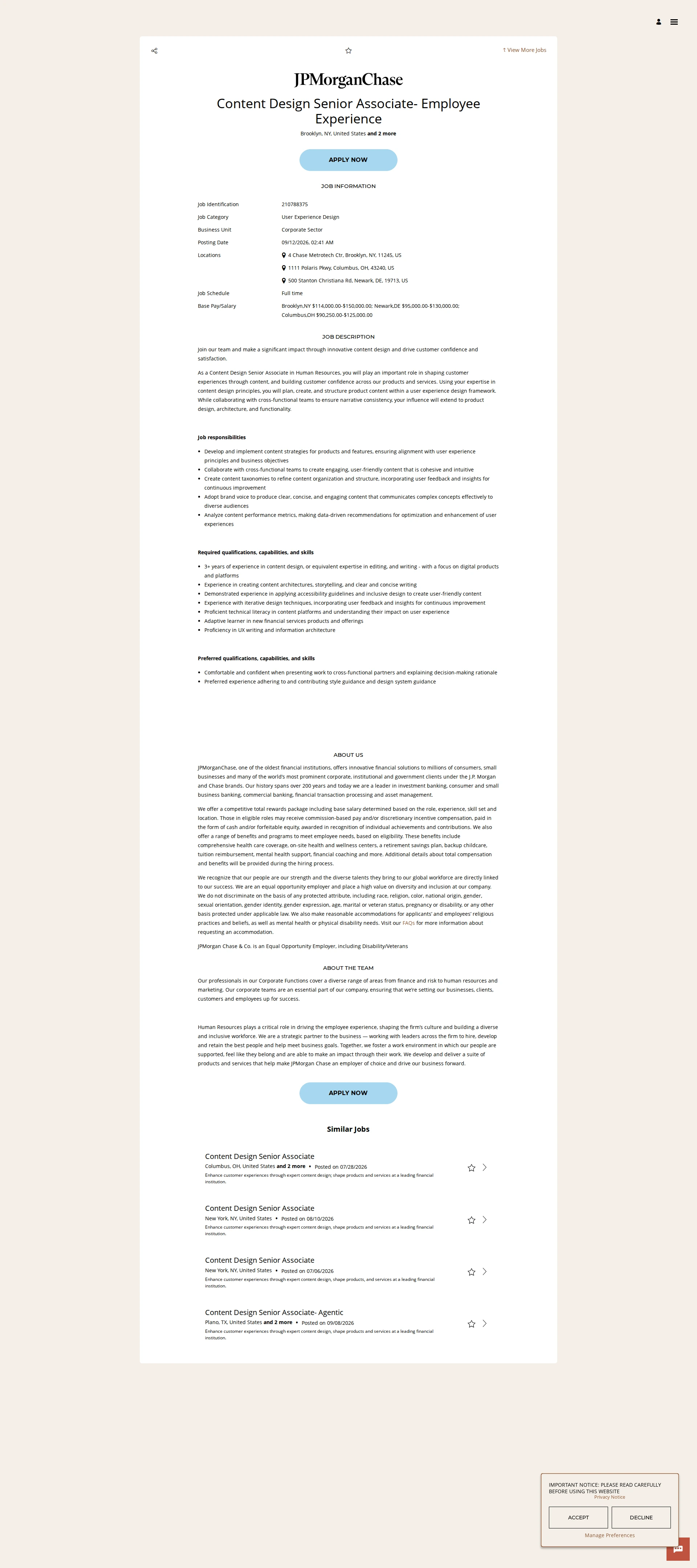 JPMorganChase Content Design Senior Associate- Employee Experience 채용공고