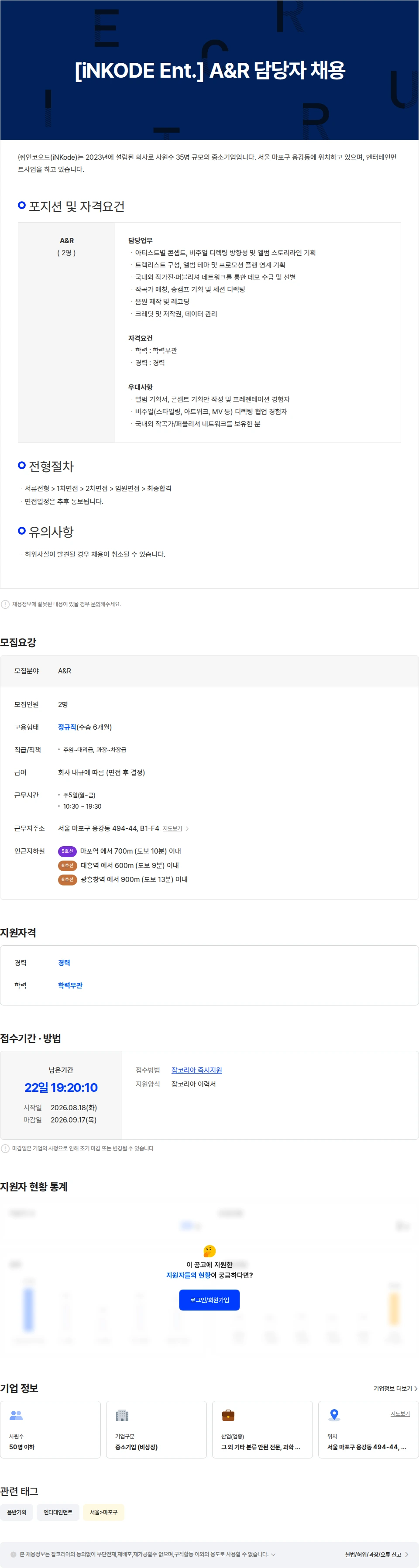 인코오드 [iNKODE Ent.] A&R 담당자 채용 채용공고