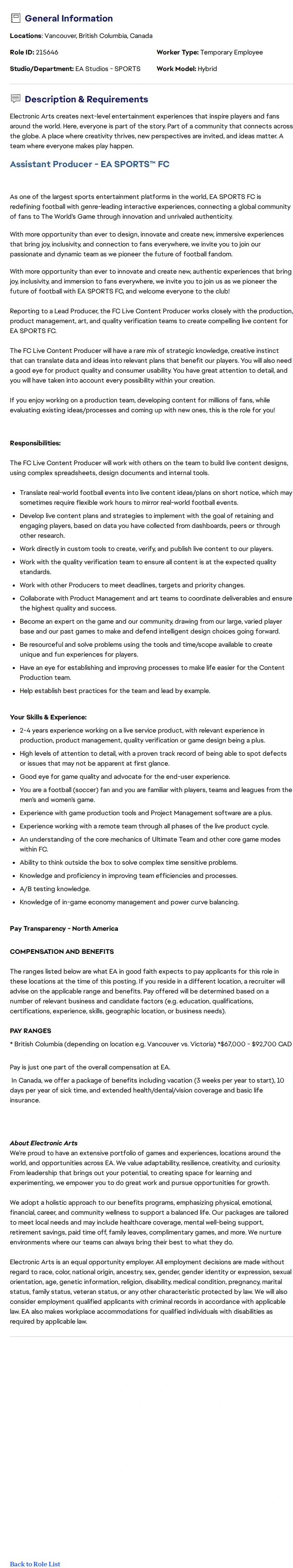 ElectronicArts Assistant Producer - EA SPORTS™ FC 채용공고